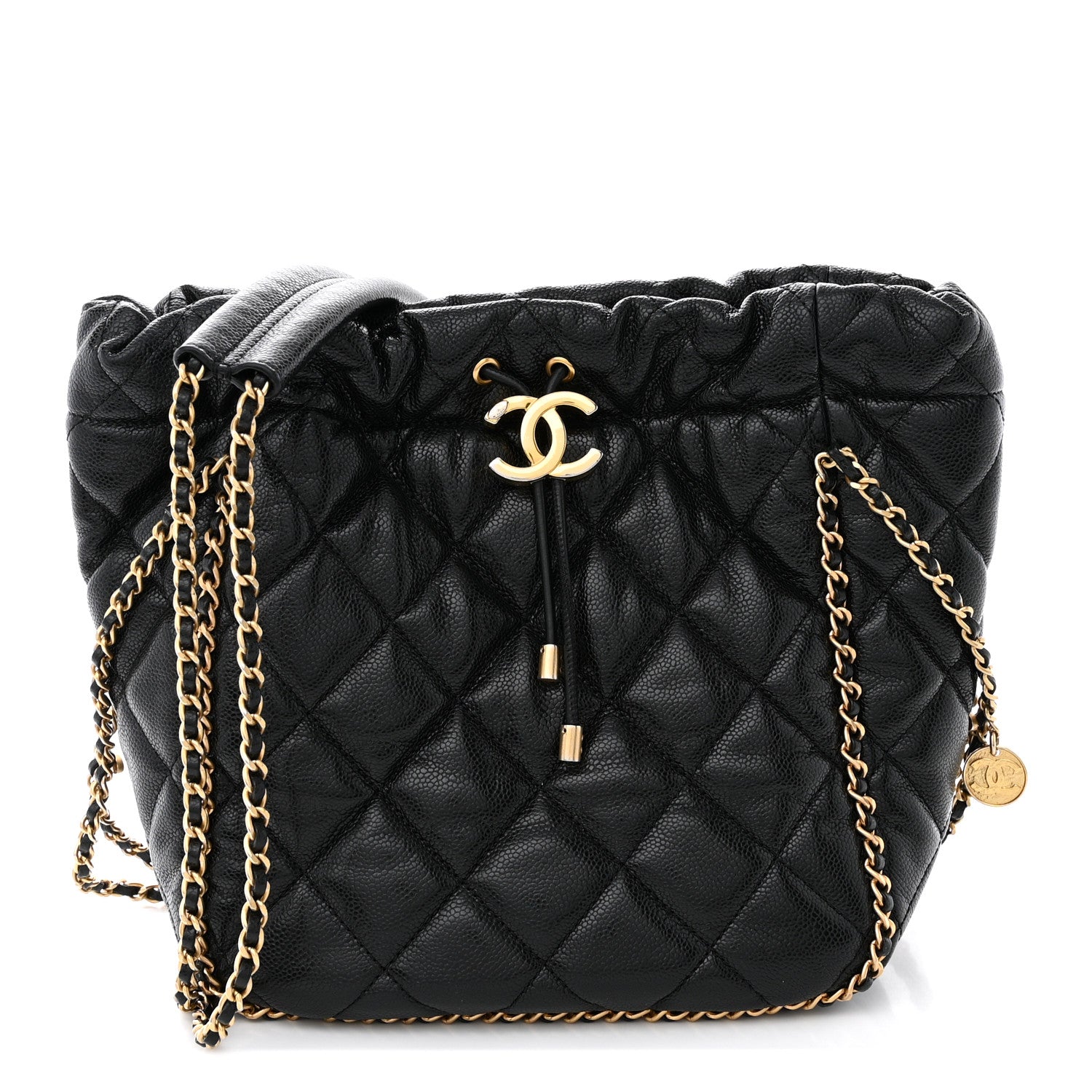 Chanel Caviar Quilted Chain Around Multi Chain Bucket Drawstring Bag Black 1 of 10