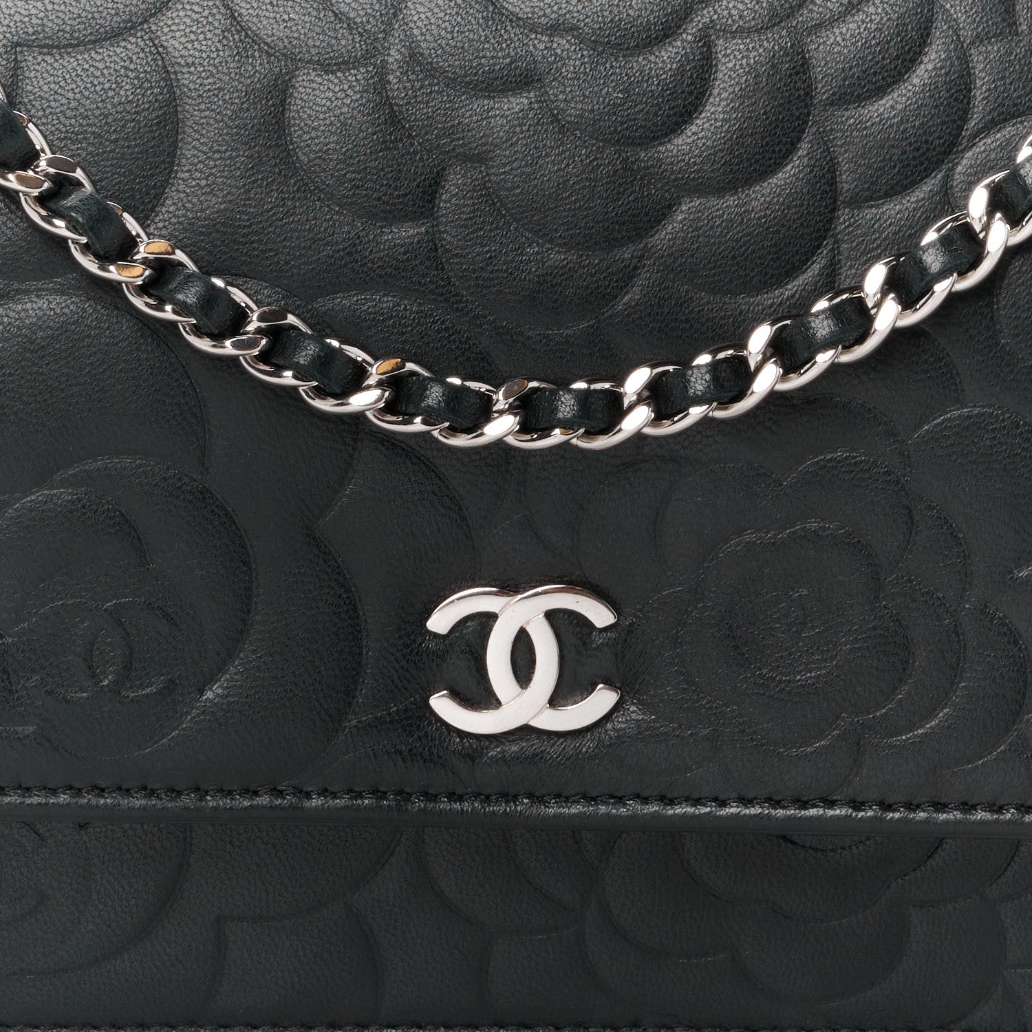 Chanel Lambskin Camellia Embossed Wallet on Chain WOC Black 10 of 12