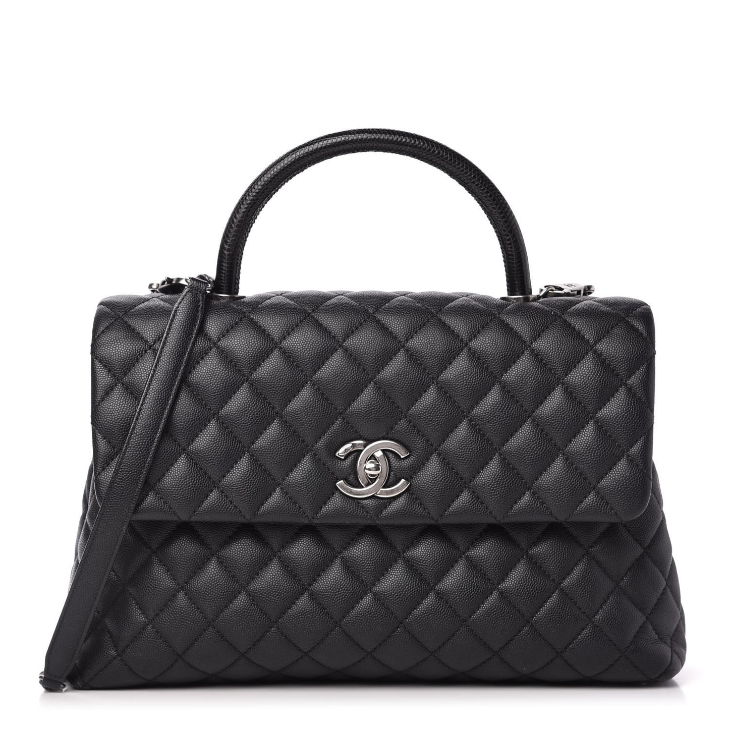 Caviar Lizard Quilted Medium Coco Handle Flap Black