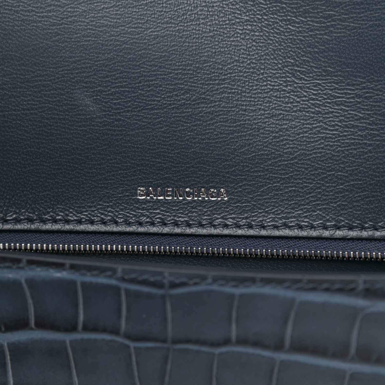 Balenciaga Shiny Calfskin Crocodile Embossed Medium Hourglass Top Handle Bag Denim Blue 6 of 11