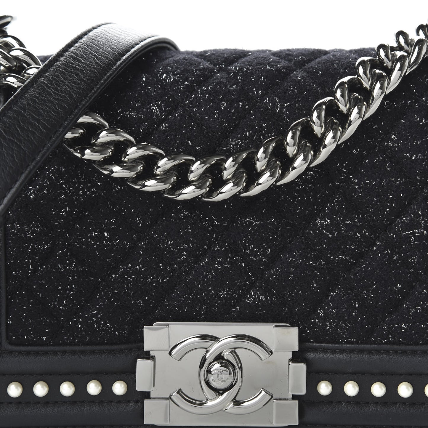 Calfskin Pearl Tweed Small Boy Flap Black