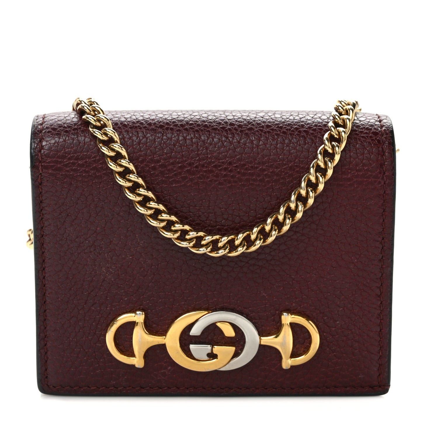 Grainy Calfskin Zumi Chain Card Case Wallet Vintage Bordeaux