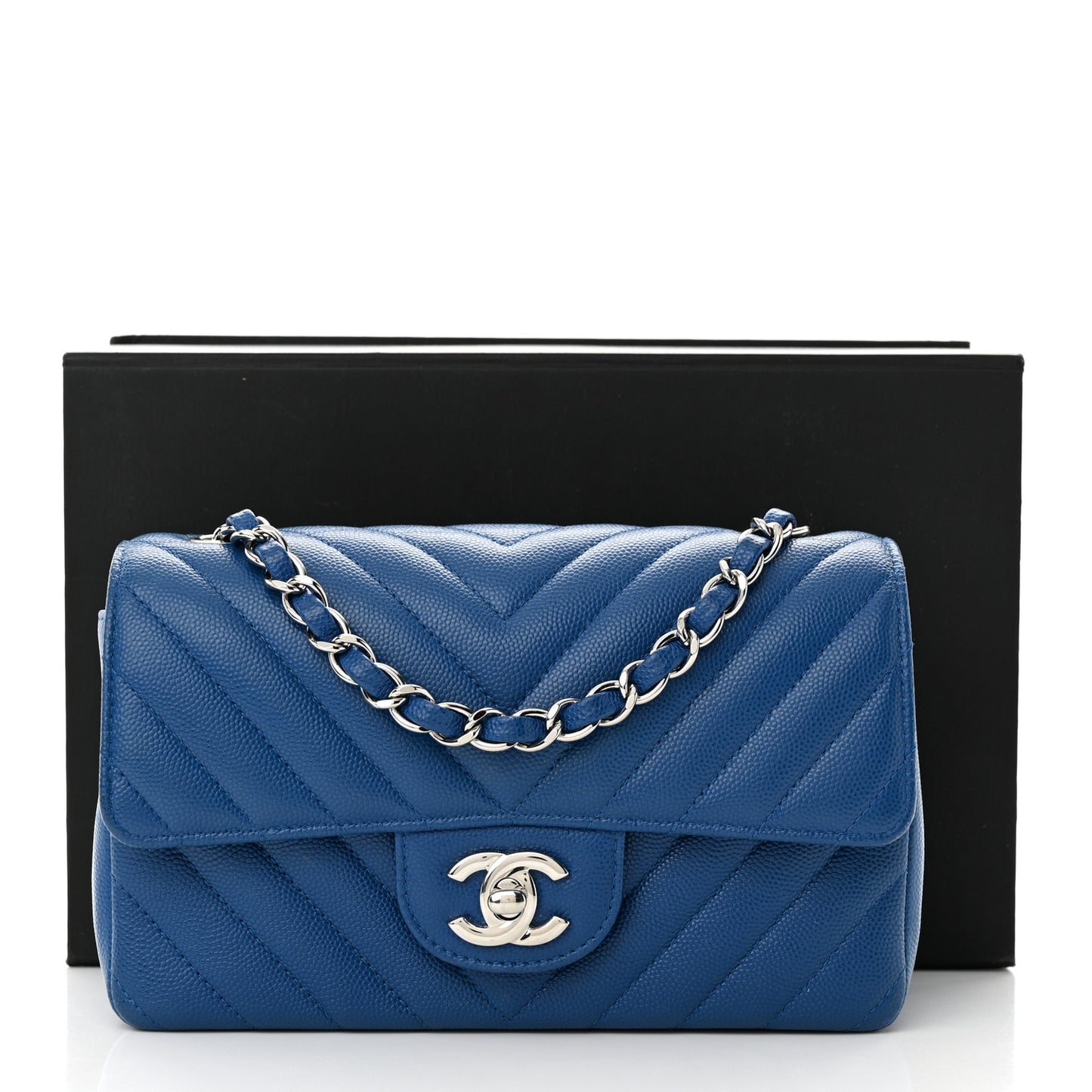 Caviar Chevron Quilted Mini Rectangular Flap Blue