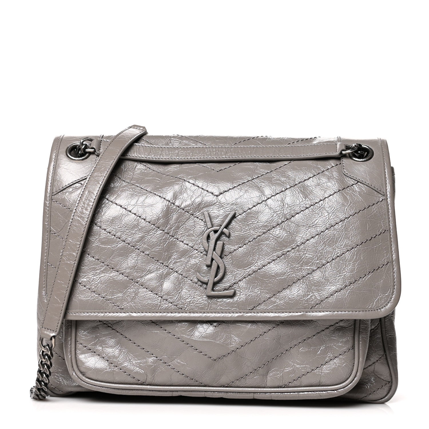 Saint Laurent Crinkled Calfskin Matelasse Monogram Large Niki Chain Satchel Fog 1 of 11