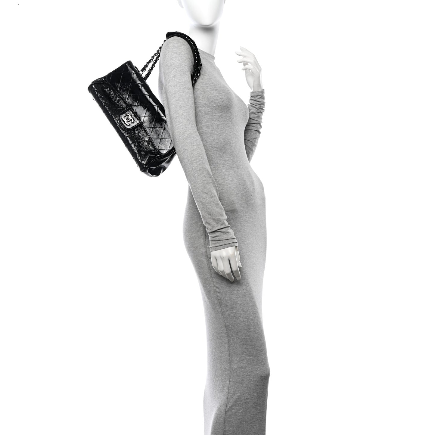 Distressed Patent Quilted Small Ritz Flap Bag Black