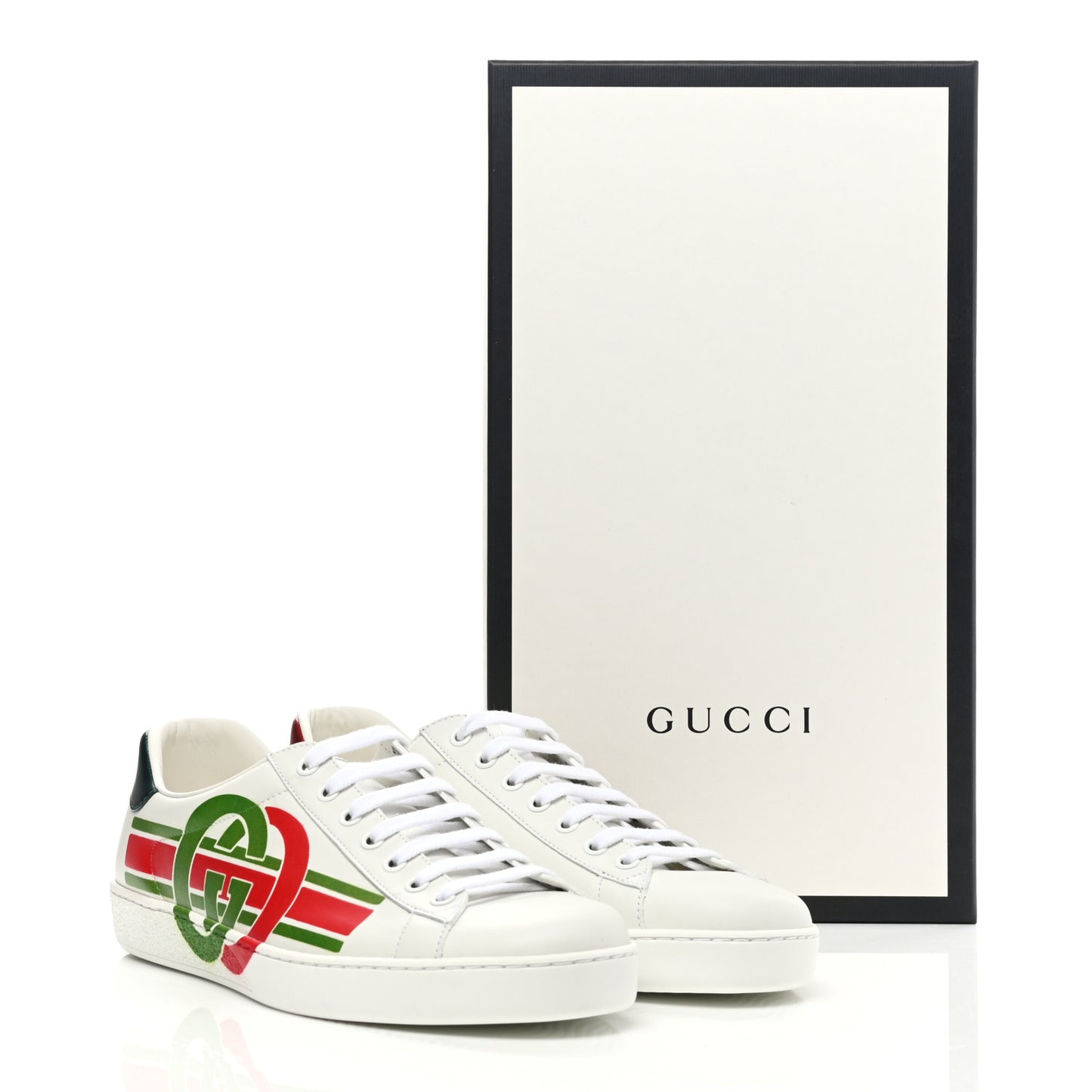 Calfskin Interlocking G Mens New Ace Sneakers 8 White Red Flame Green