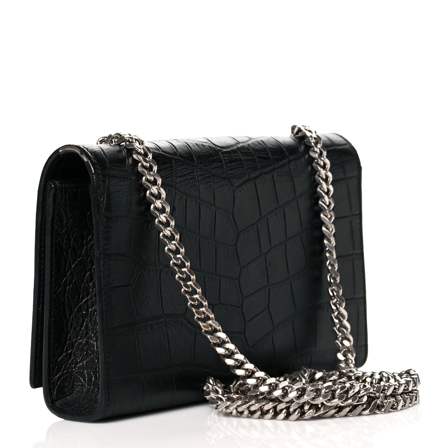 Calfskin Crocodile Embossed Monogram Small Kate Tassel Satchel Black