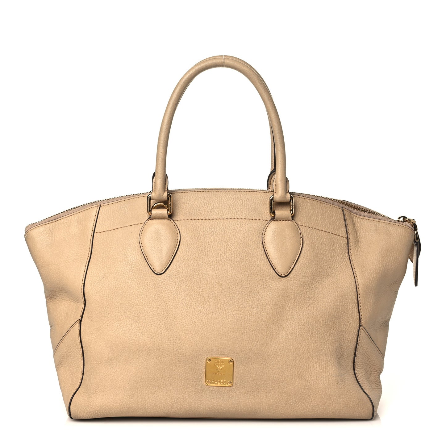 Grained Calfskin Studded Satchel Beige