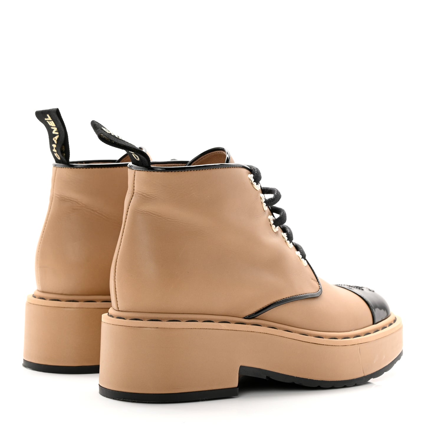 Calfskin Lace Up CC Short Boots 35.5 Beige Black