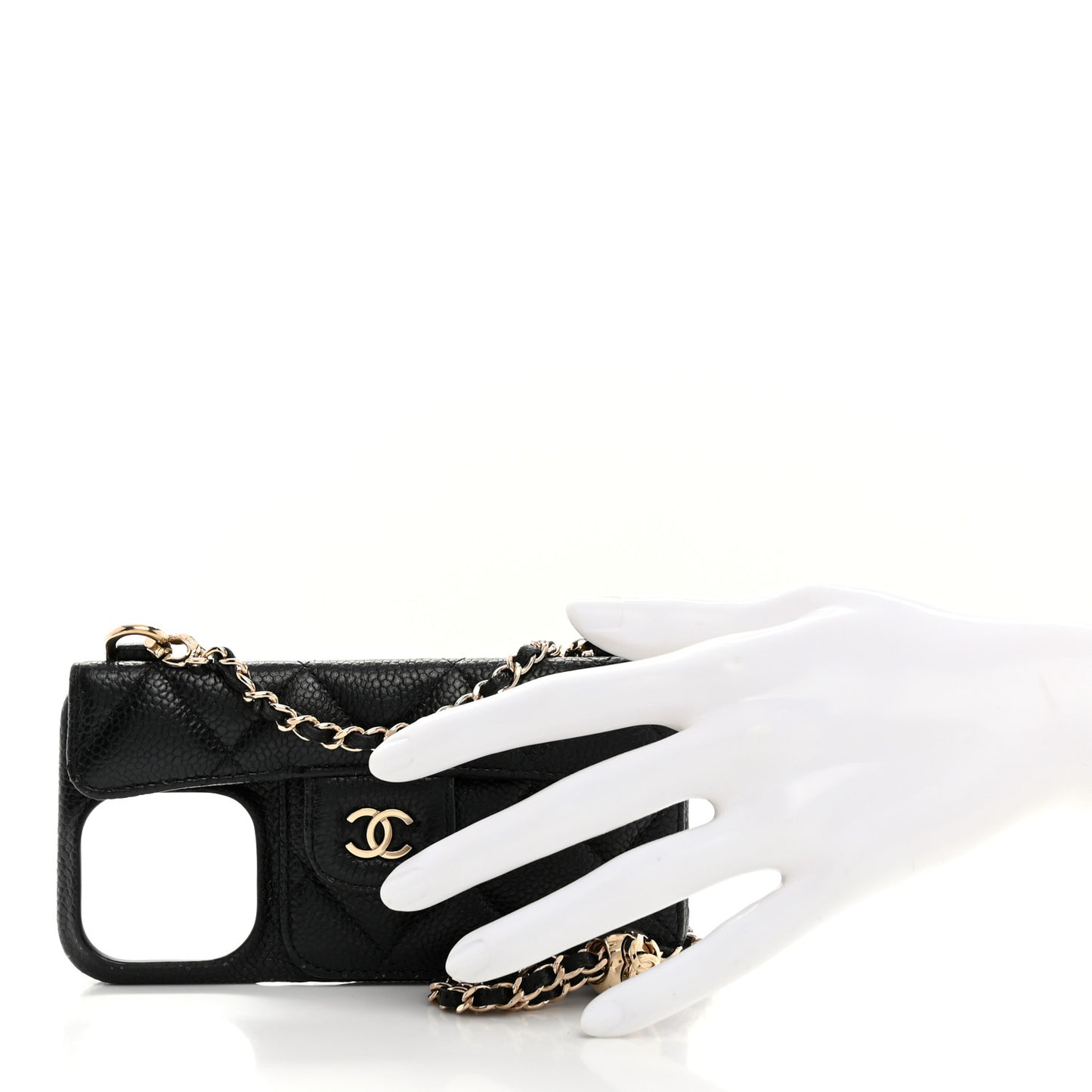 Caviar Quilted Pearl Crush iPhone 15 Pro Holder With Chain Black