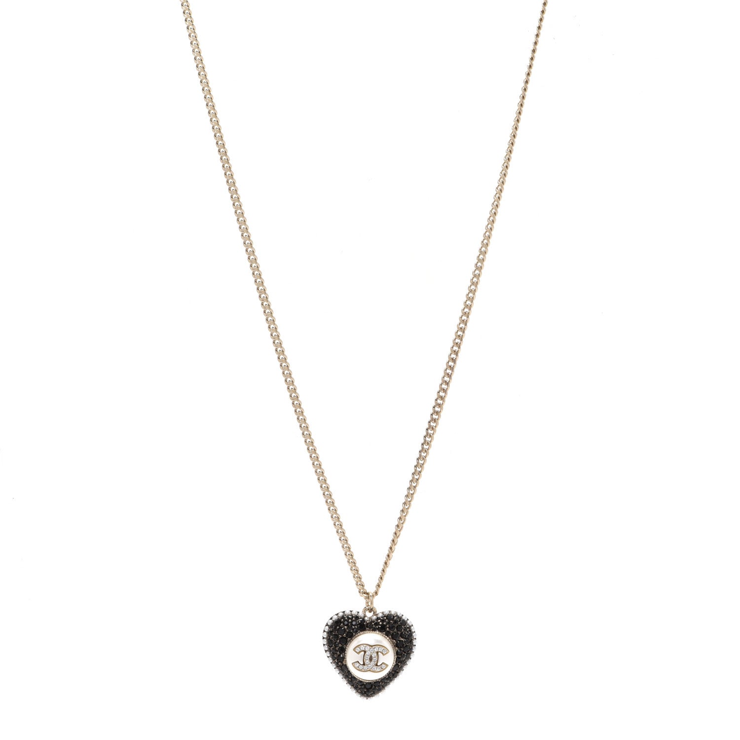 Chanel Pearl Crystal CC Heart Necklace Gold Pearly White Black 1 of 6