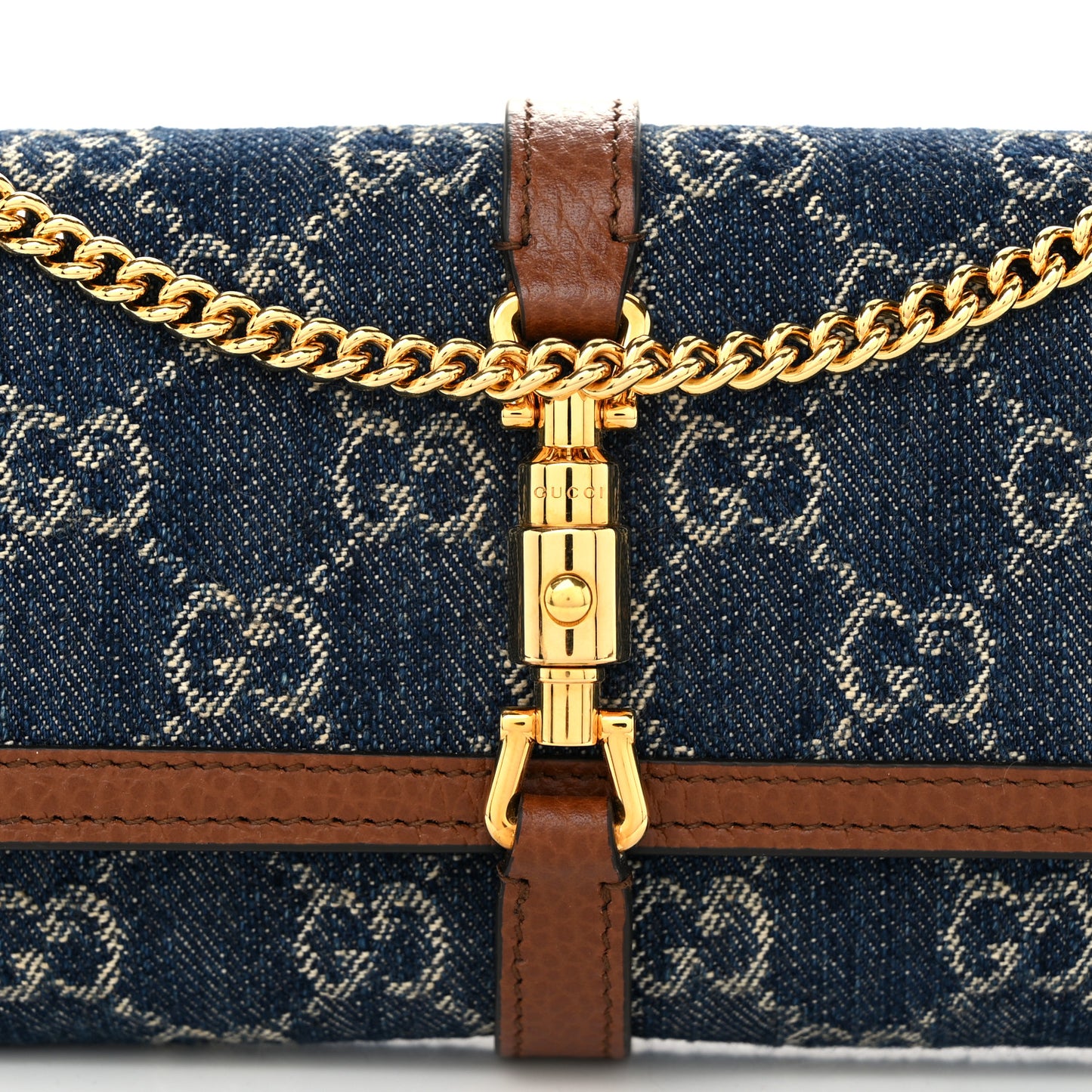 New Denim GG Monogram Jackie 1961 Chain Wallet Blue Tea Cuir