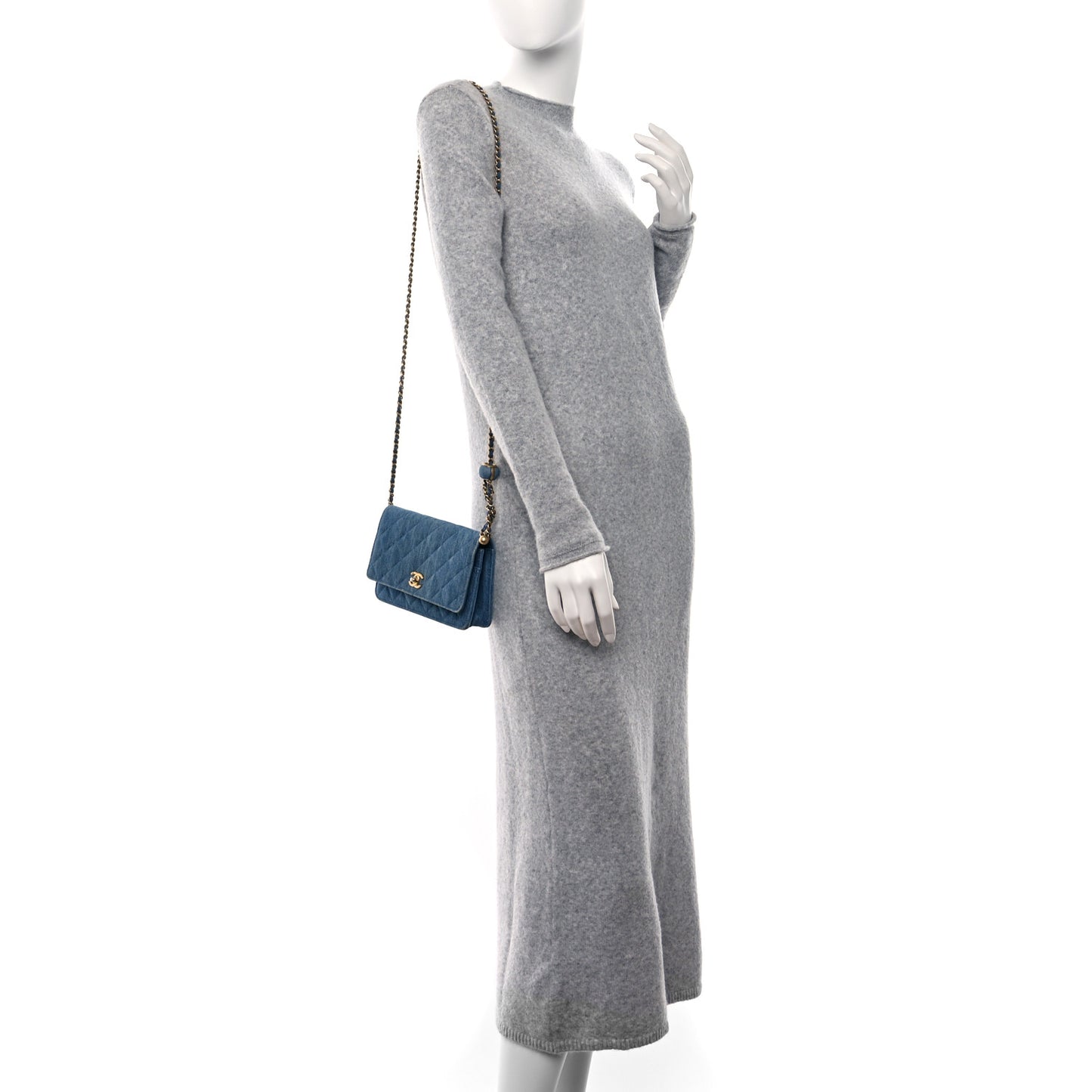 Denim Quilted CC Pearl Crush Wallet on Chain WOC Blue