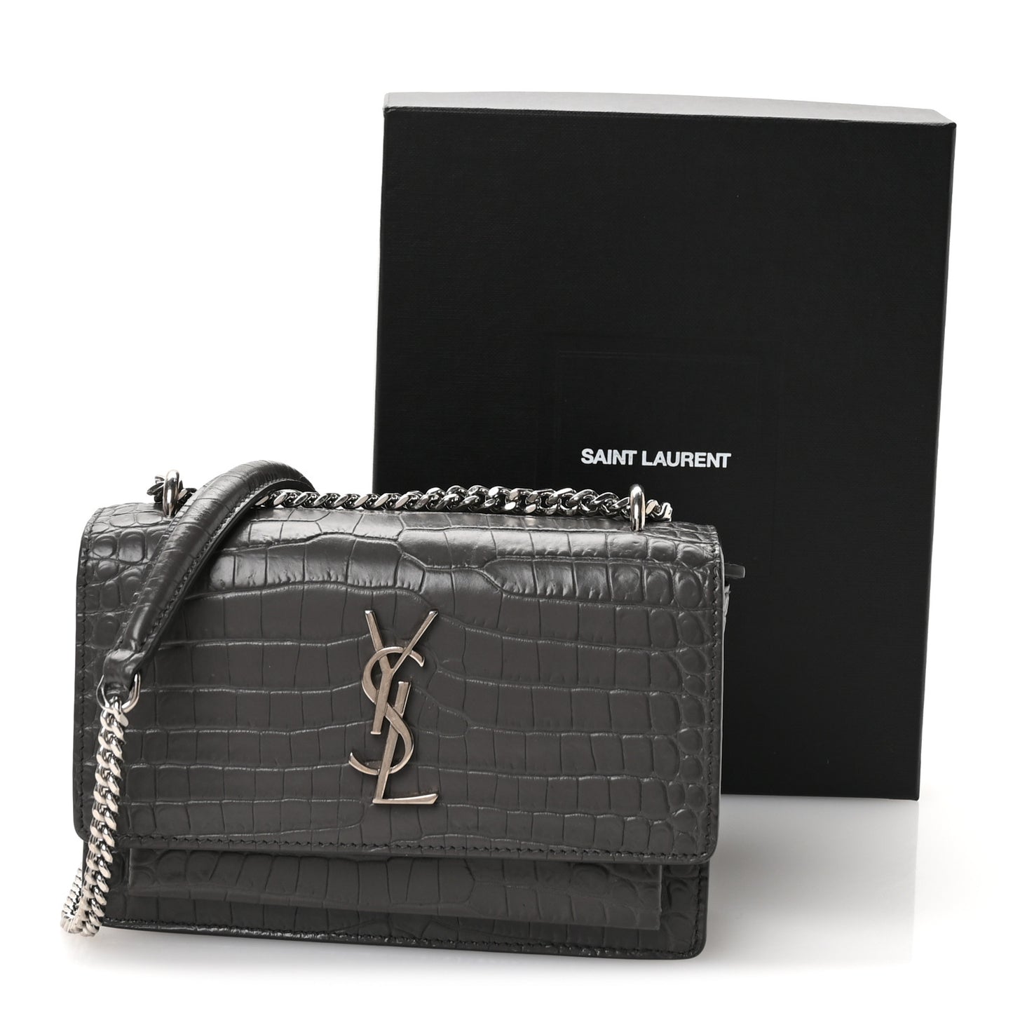 Calfskin Crocodile Embossed Monogram Sunset Chain Wallet Asphalt