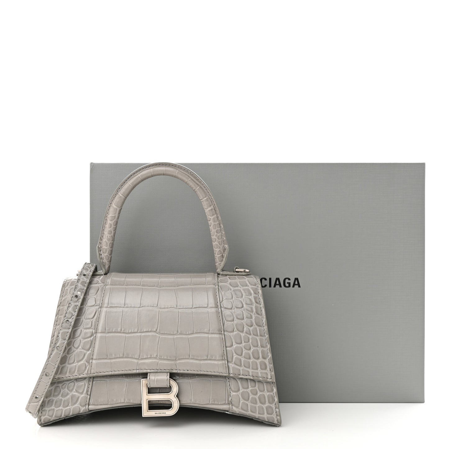 Shiny Calfskin Crocodile Embossed Small Hourglass Top Handle Bag Steel Grey