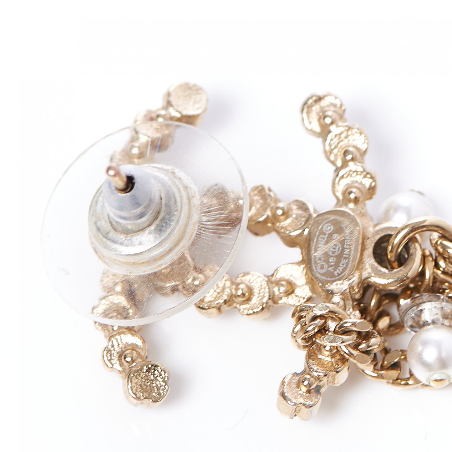 Pearl Crystal Lambskin Chain CC Dangle Earrings Gold