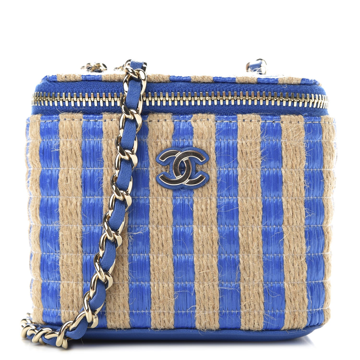 Chanel Raffia Jute Striped Mini Vanity Case With Chain Blue Beige 1 of 11