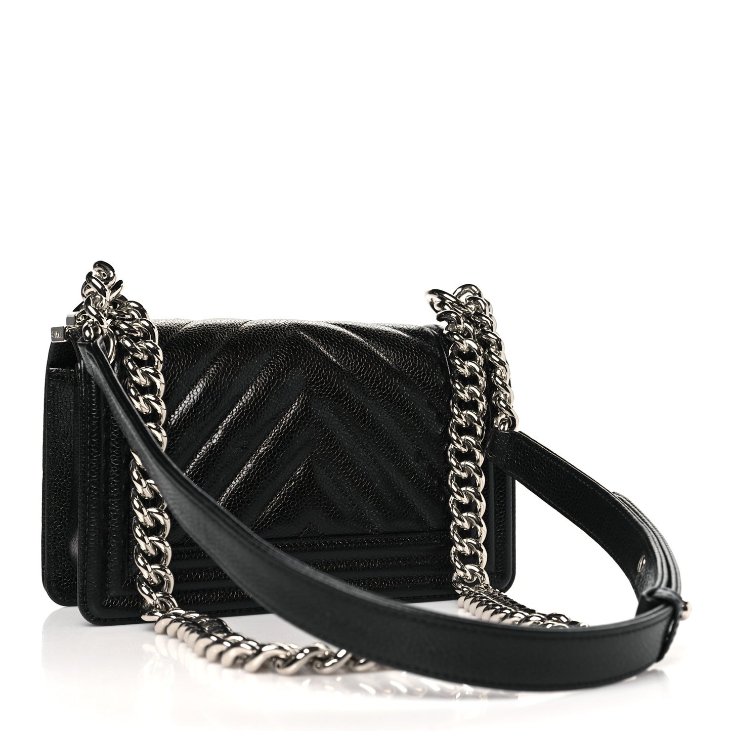 Caviar Chevron Quilted Small Boy Flap Black