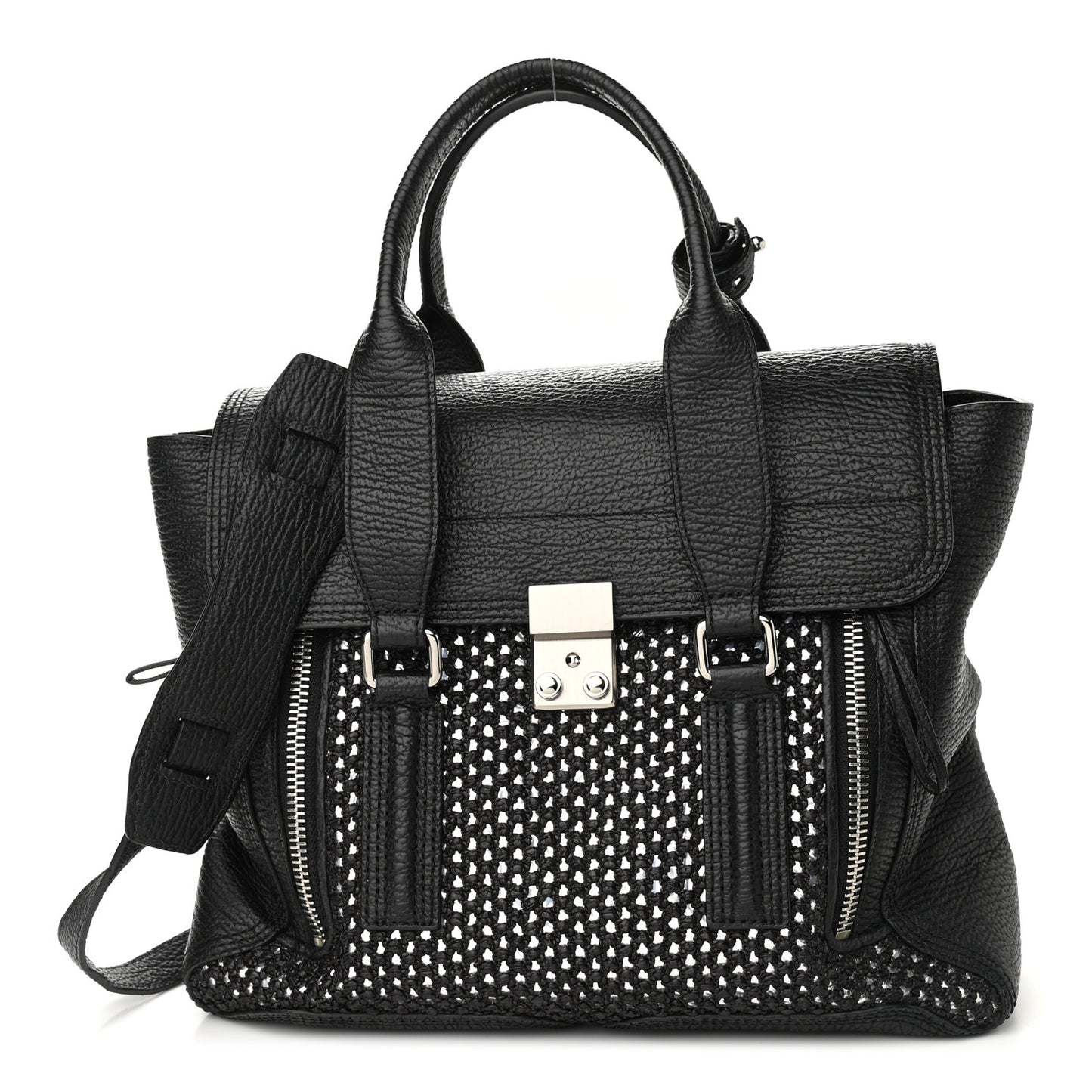3.1 Textured Calfskin Woven Panel Medium Pashli Satchel Black Silver