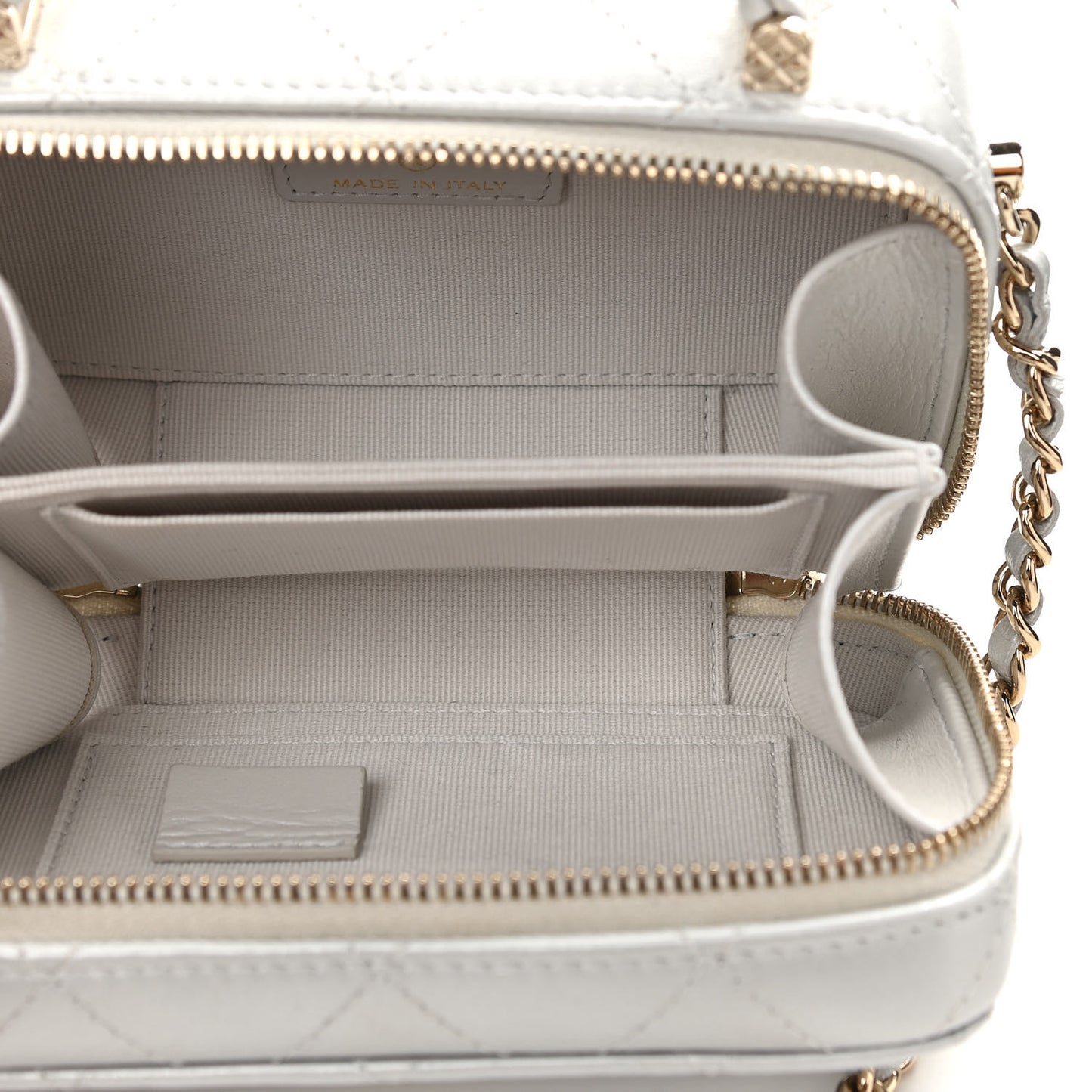 Metallic Lambskin Quilted Top Handle Vanity Case Silver