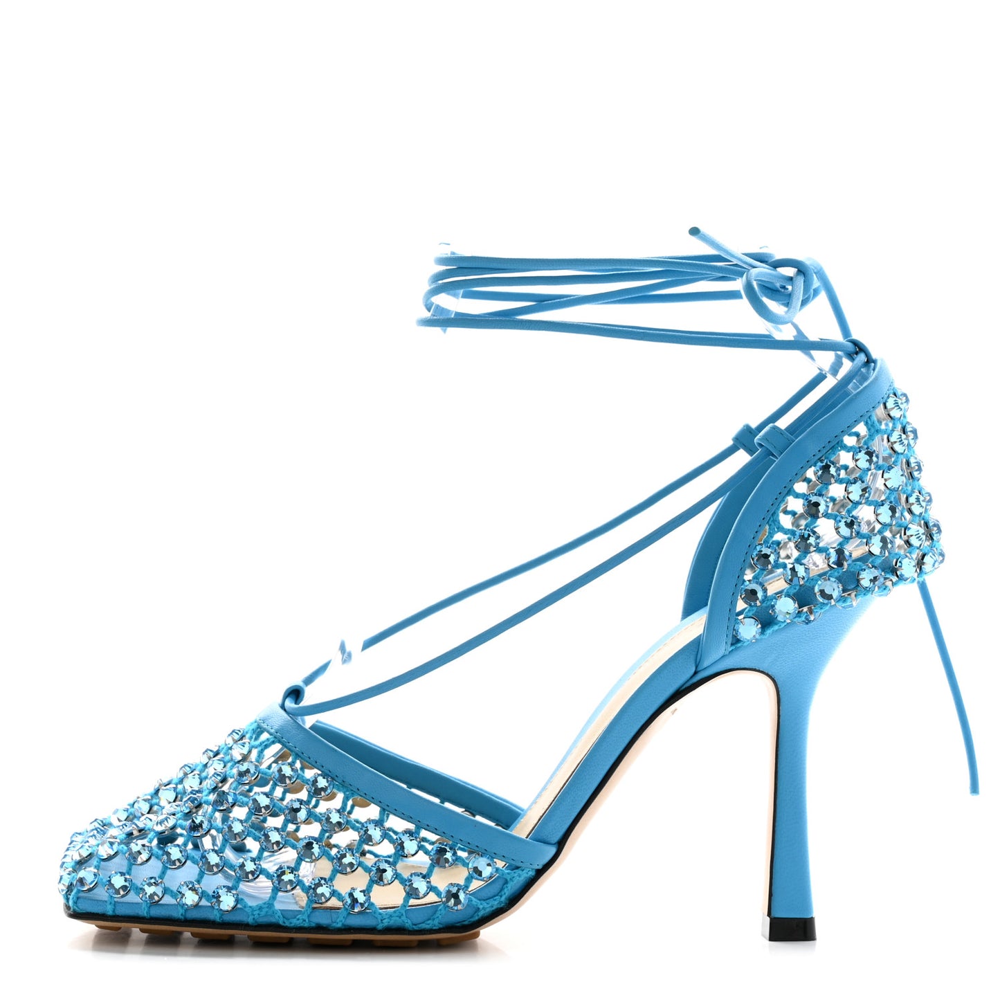 Mesh Nappa Crystal Embellished Sparkle Stretch Ankle Tie 90mm Sandals 37 Pool