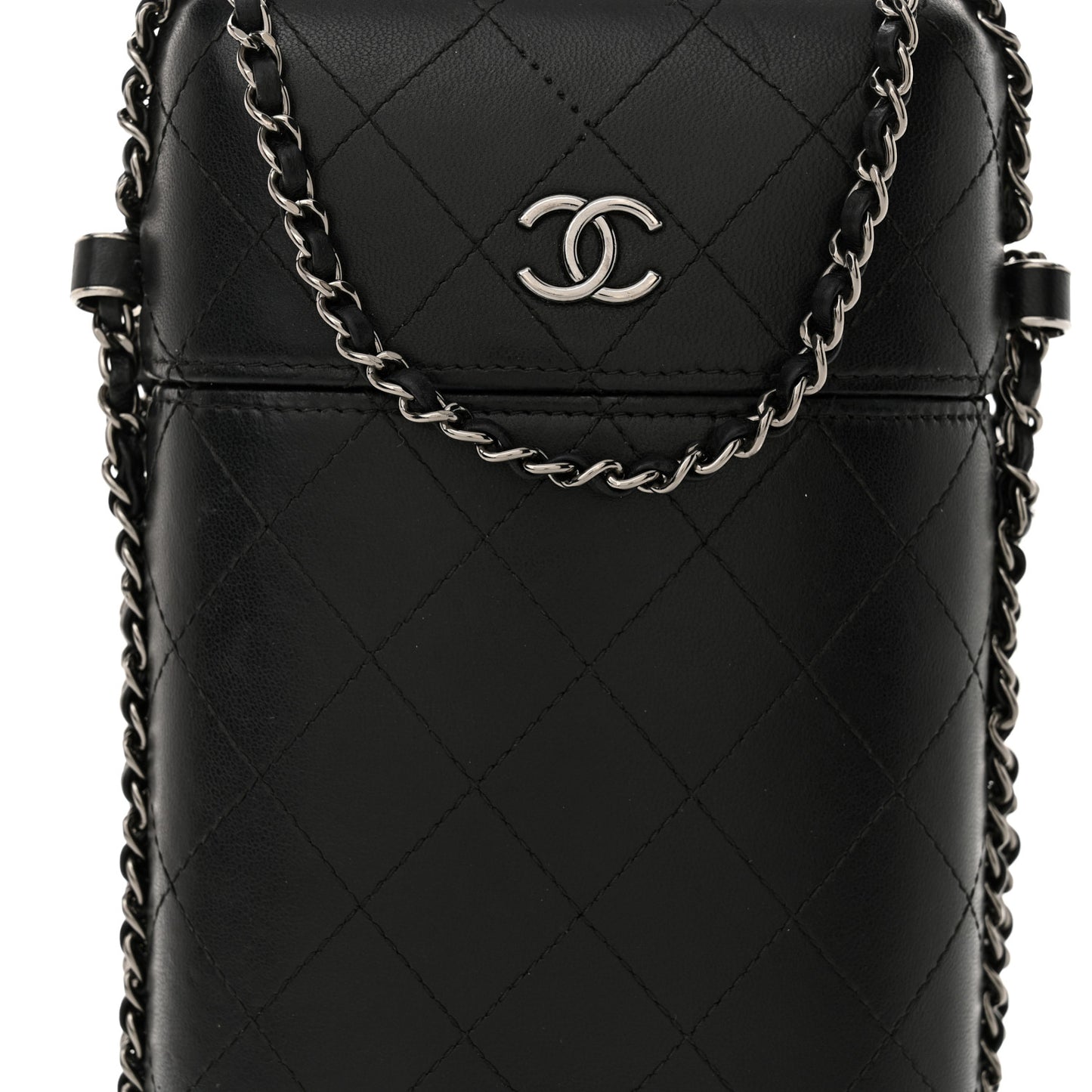 Lambskin Quilted Chain Around Phone Holder Black