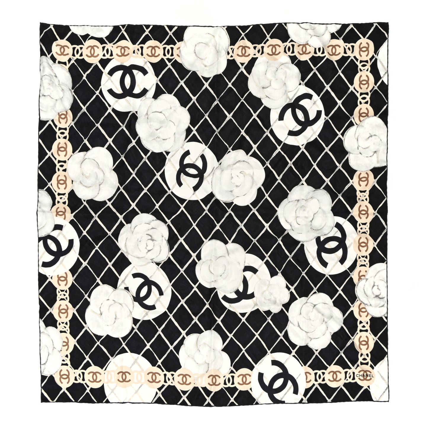 Silk Camellia CC Square Scarf Black