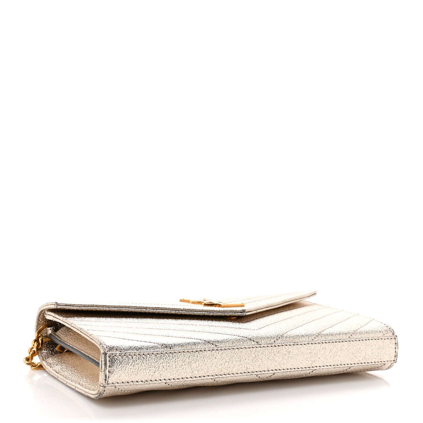Metallic Crackled Calfskin Matelasse Chevron Monogram Chain Wallet Gold