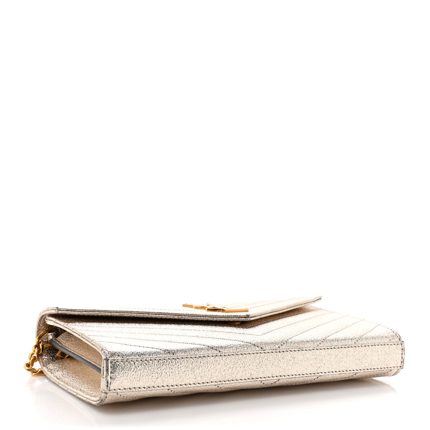 Saint Laurent Metallic Crackled Calfskin Matelasse Chevron Monogram Chain Wallet Gold 4 of 17