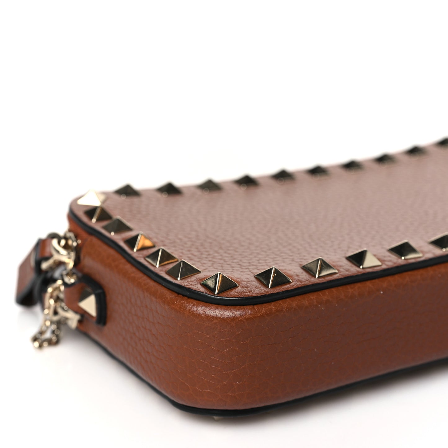 Pebbled Calfskin Rockstud Double Zip Camera Crossbody Bag Tan