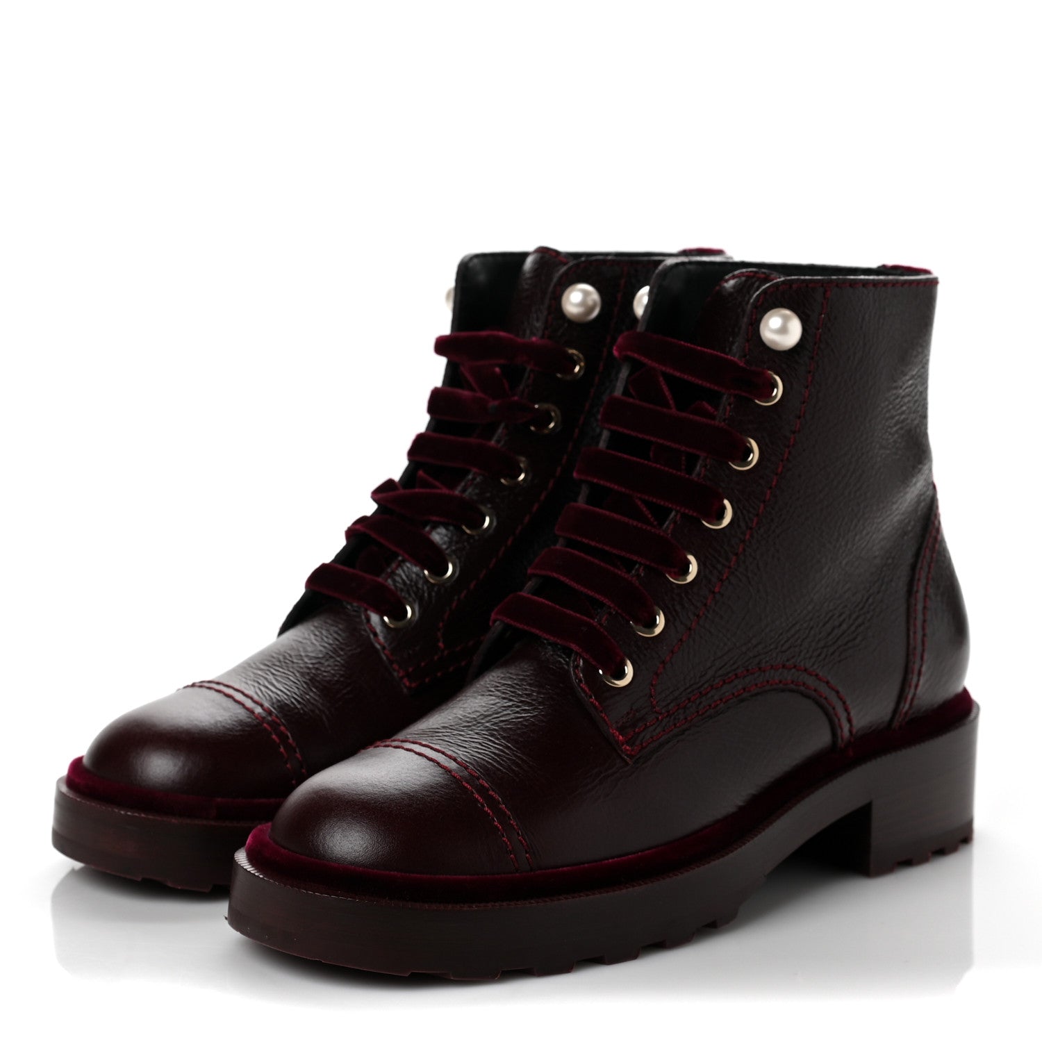 Chanel Calfskin Velvet Pearl Combat Short Boots 37.5 Burgundy 3 of 6