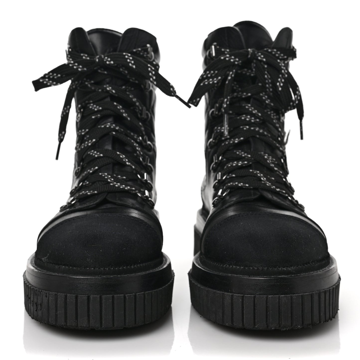 Calfskin Grosgrain Quilted Lace Up Boots 39.5 Black Grey