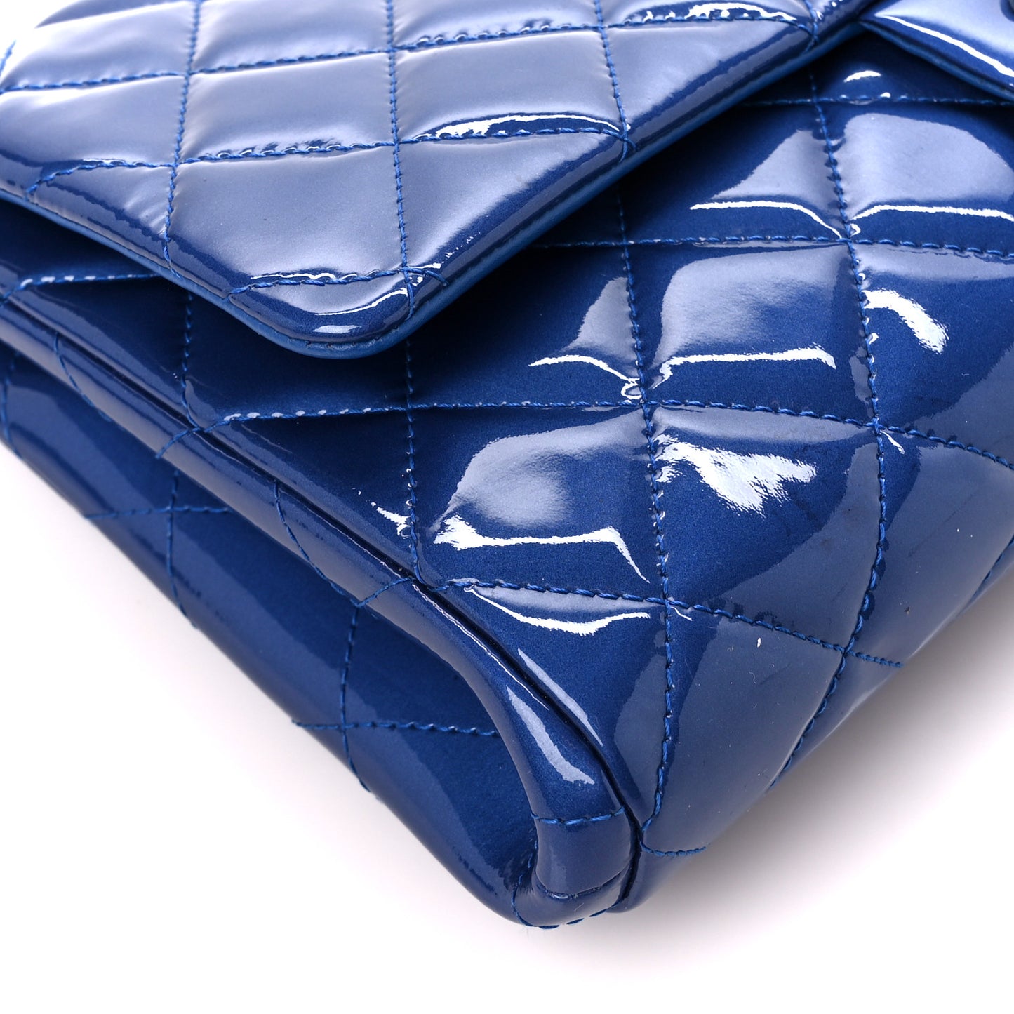 Patent Quilted Clutch with Chain Flap Blue