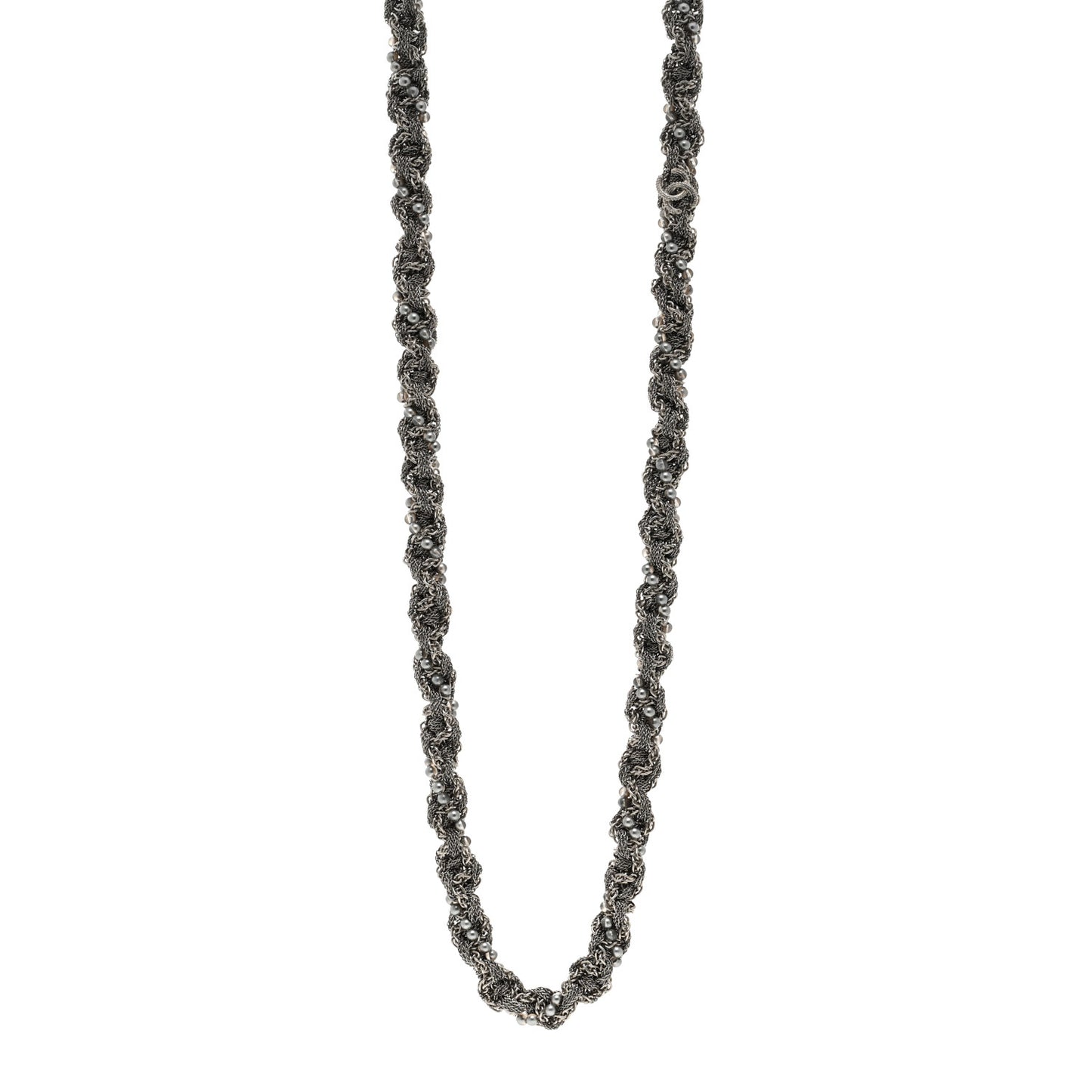 Multi Chain Braided Pearl Long Necklace Silver