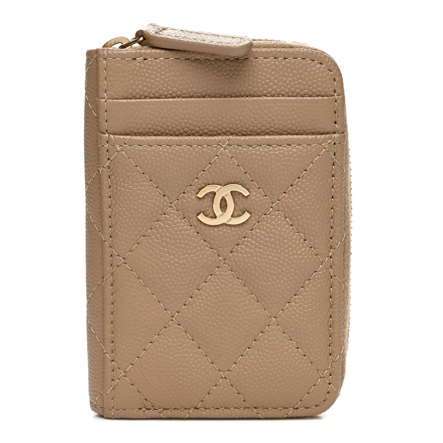 Chanel Caviar Quilted Zip Card Holder Beige Beige 1925939