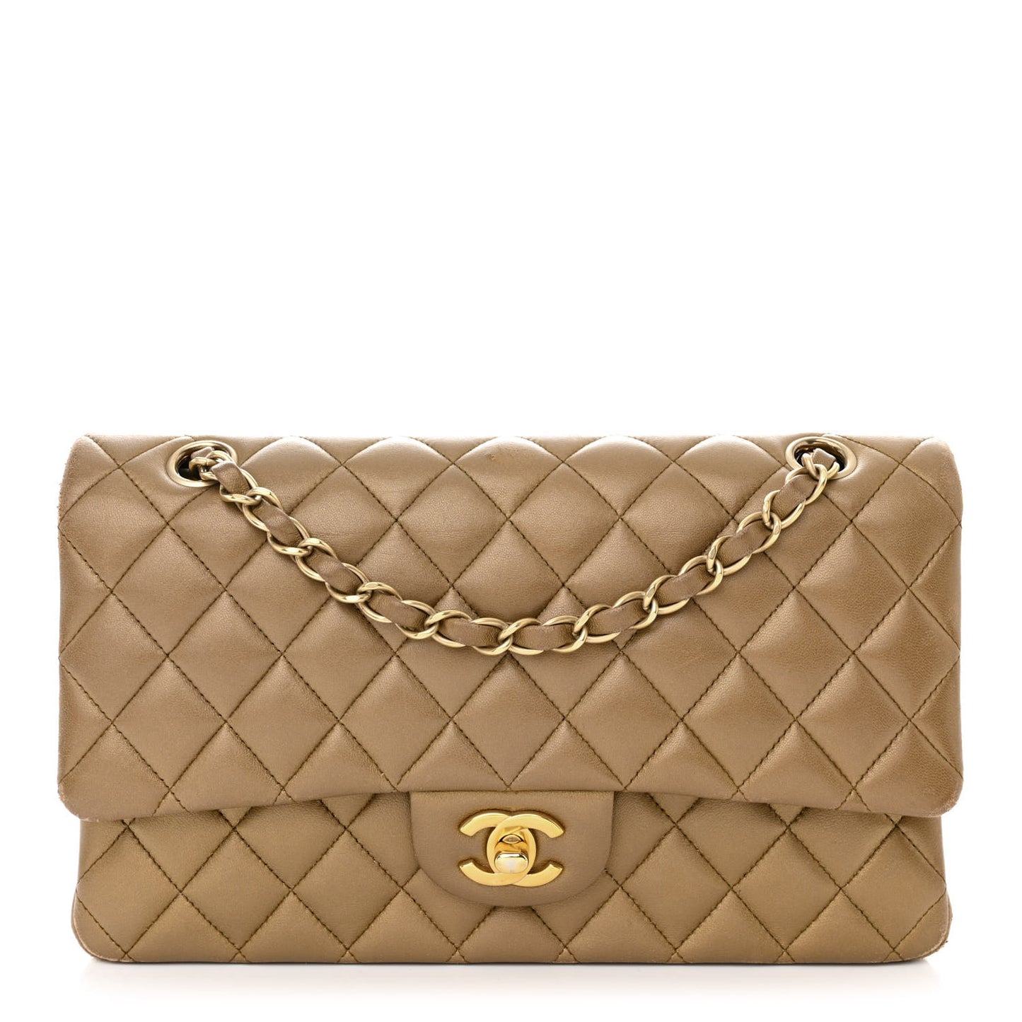 Metallic Lambskin Quilted Medium Double Flap Khaki