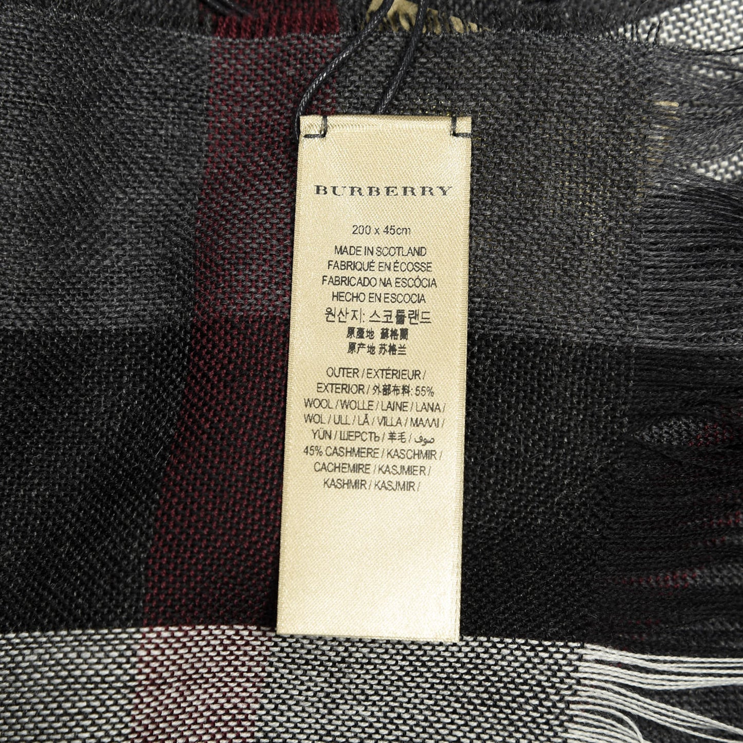 Wool Cashmere Check Lightweight Scarf Charcoal
