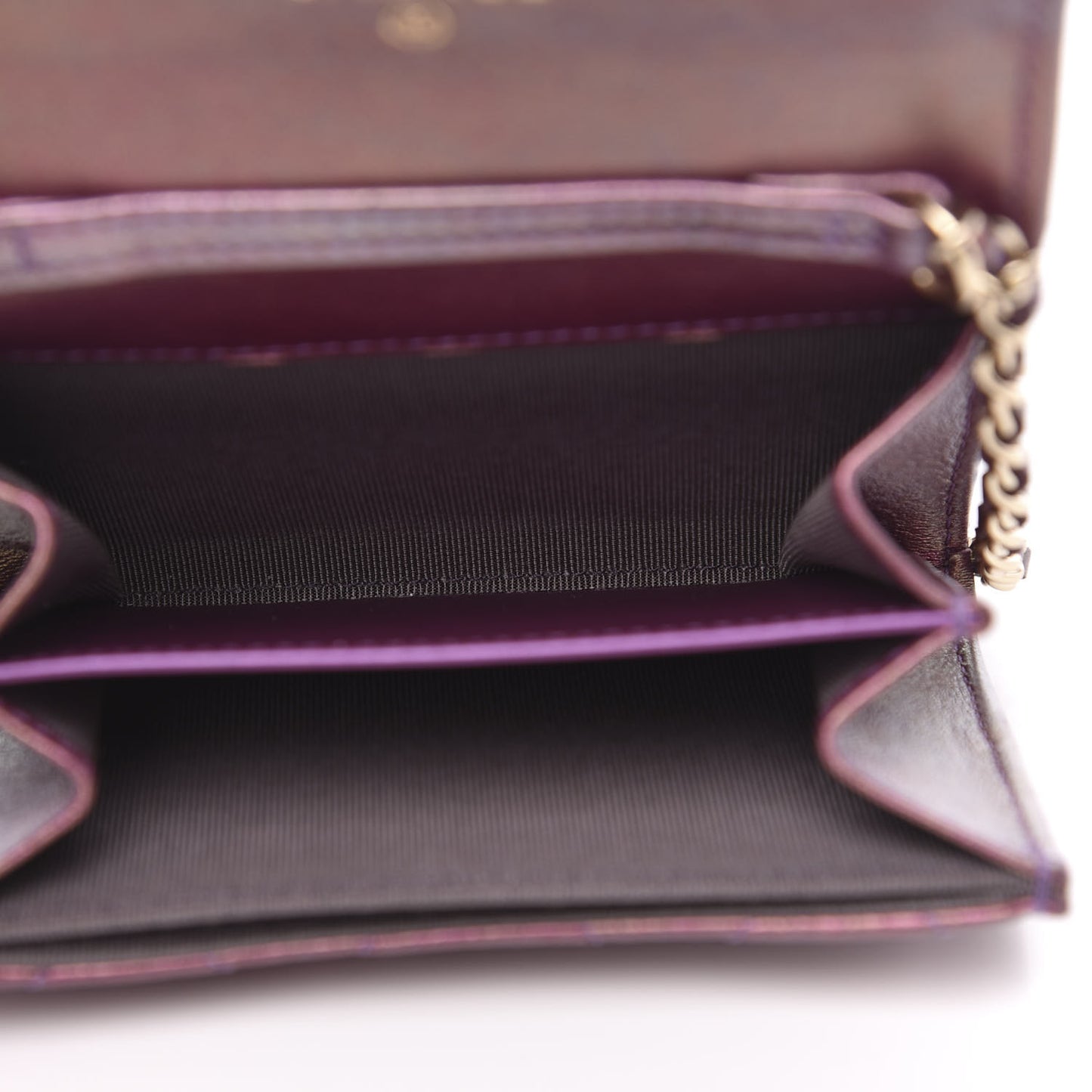 Iridescent Lambskin Quilted Flap Card Holder On Chain Purple