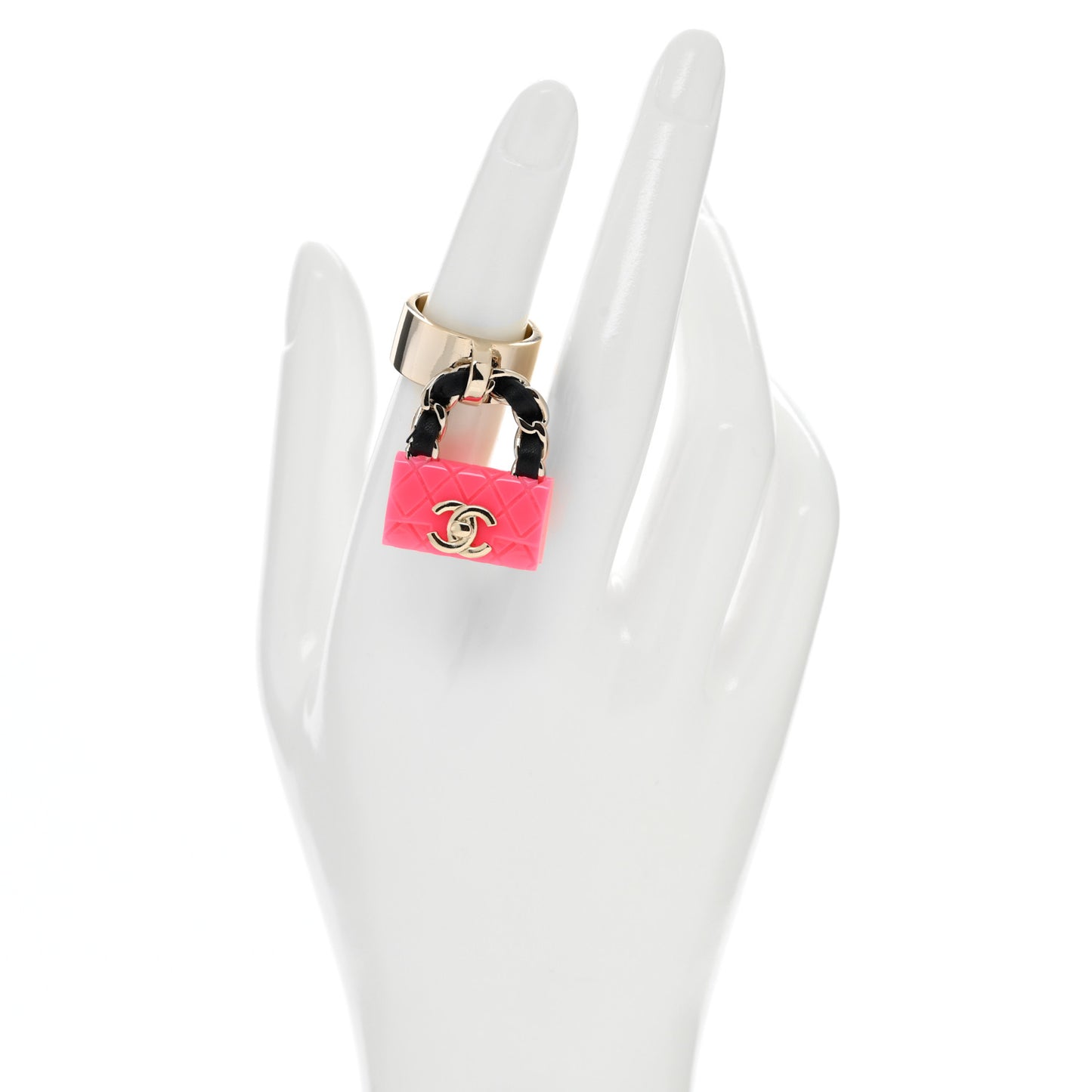 Calfskin Metal Resin CC Quilted Flap Ring 52 6 Gold Black Pink