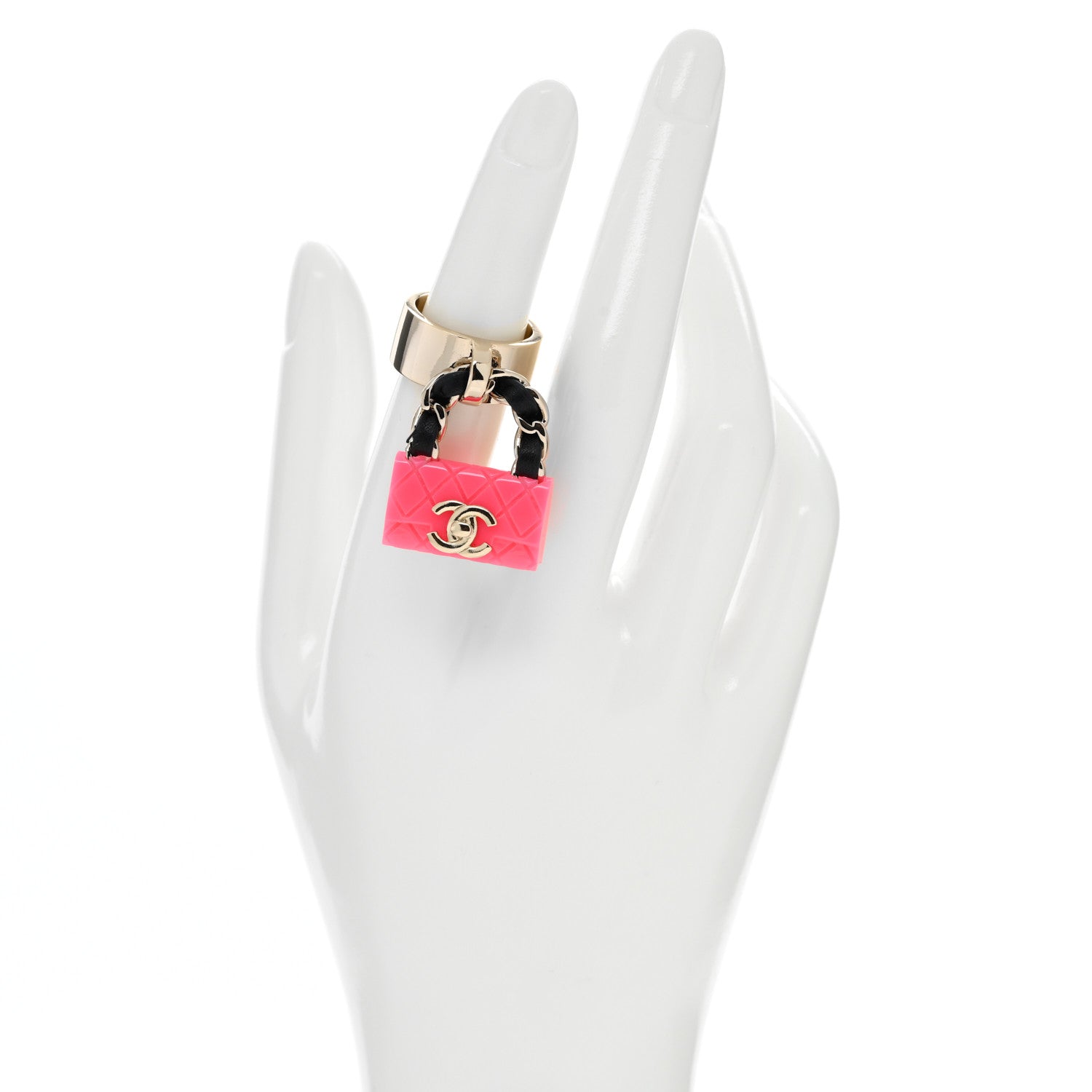 Chanel Calfskin Metal Resin CC Quilted Flap Ring 52 6 Gold Black Pink 4 of 4