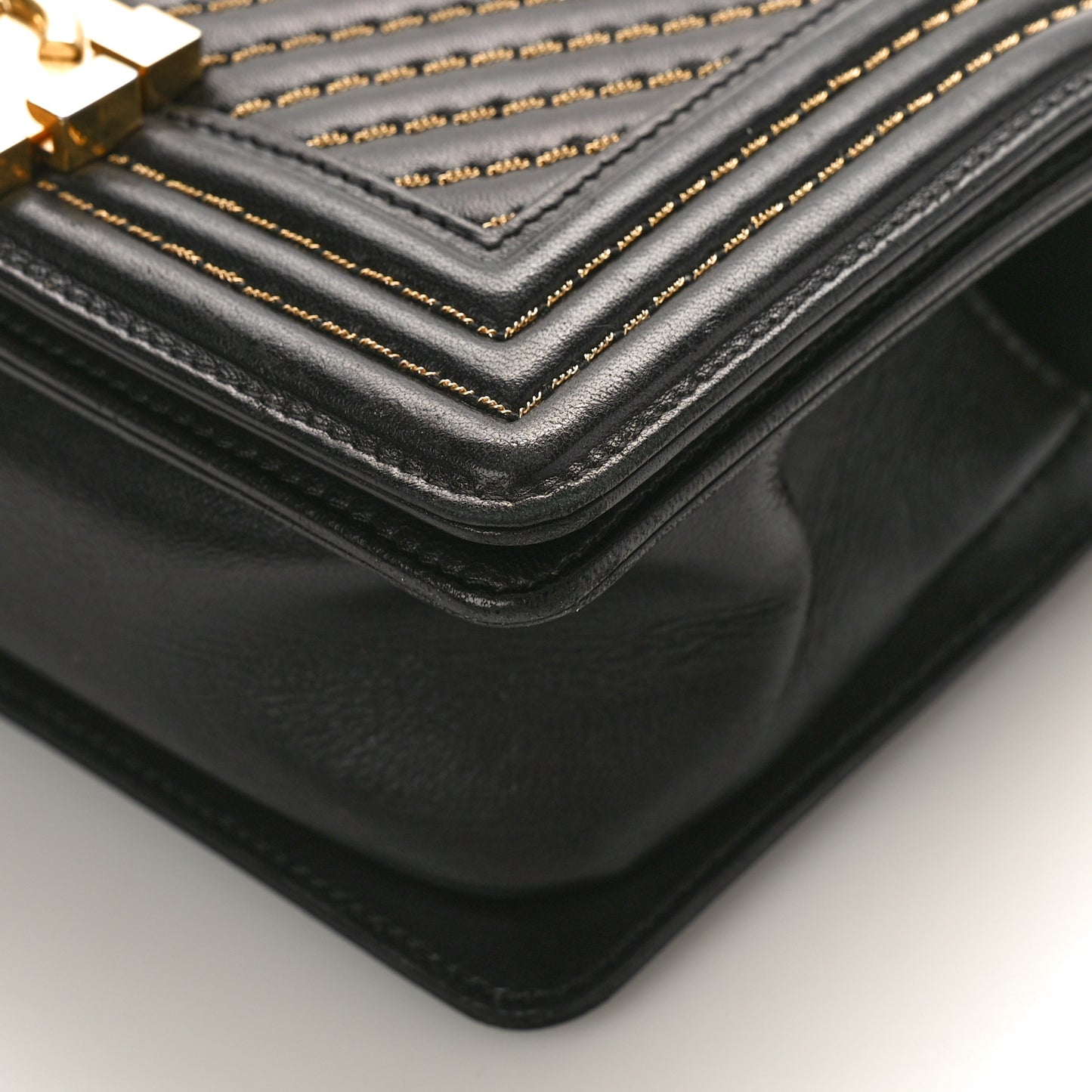 Lambskin Chevron Chain Stitched Small Boy Flap Black