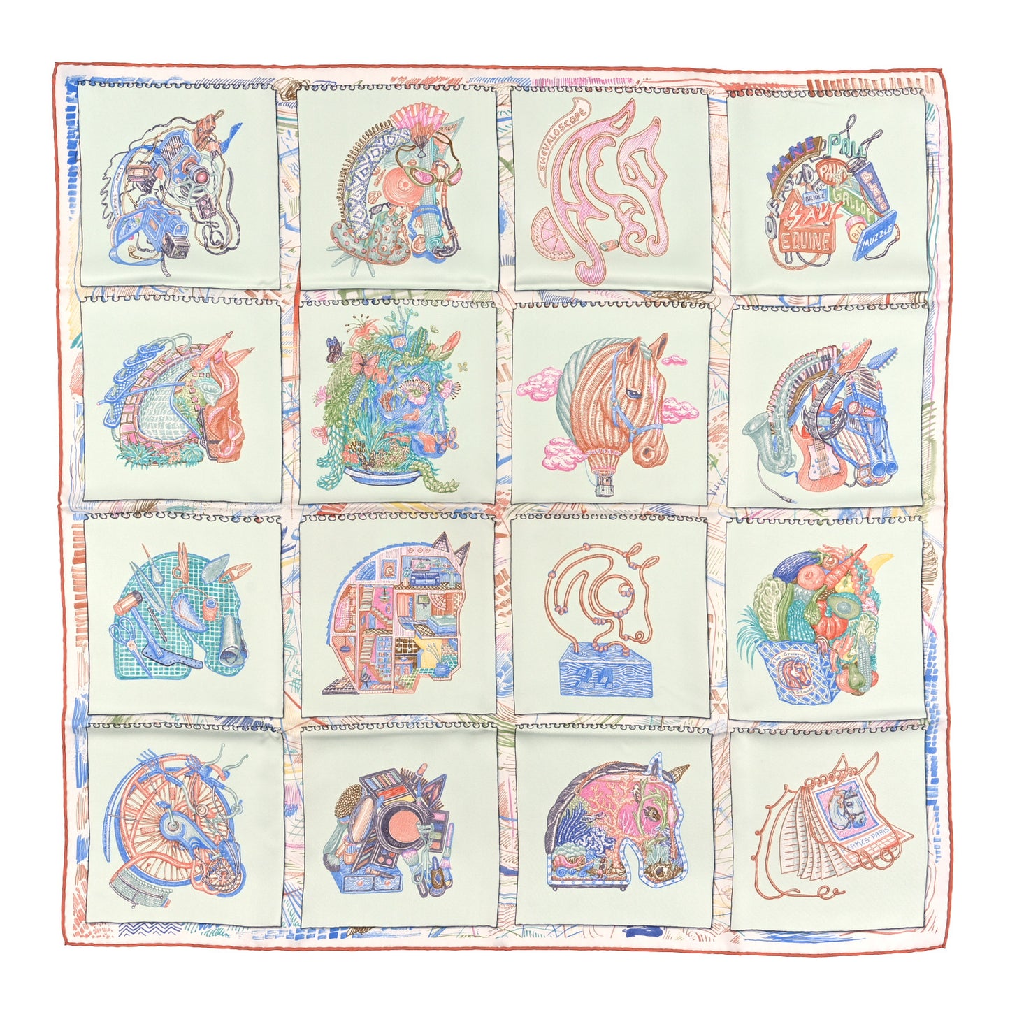Silk Chevaloscope Scarf 90 White Bleu Multicolor