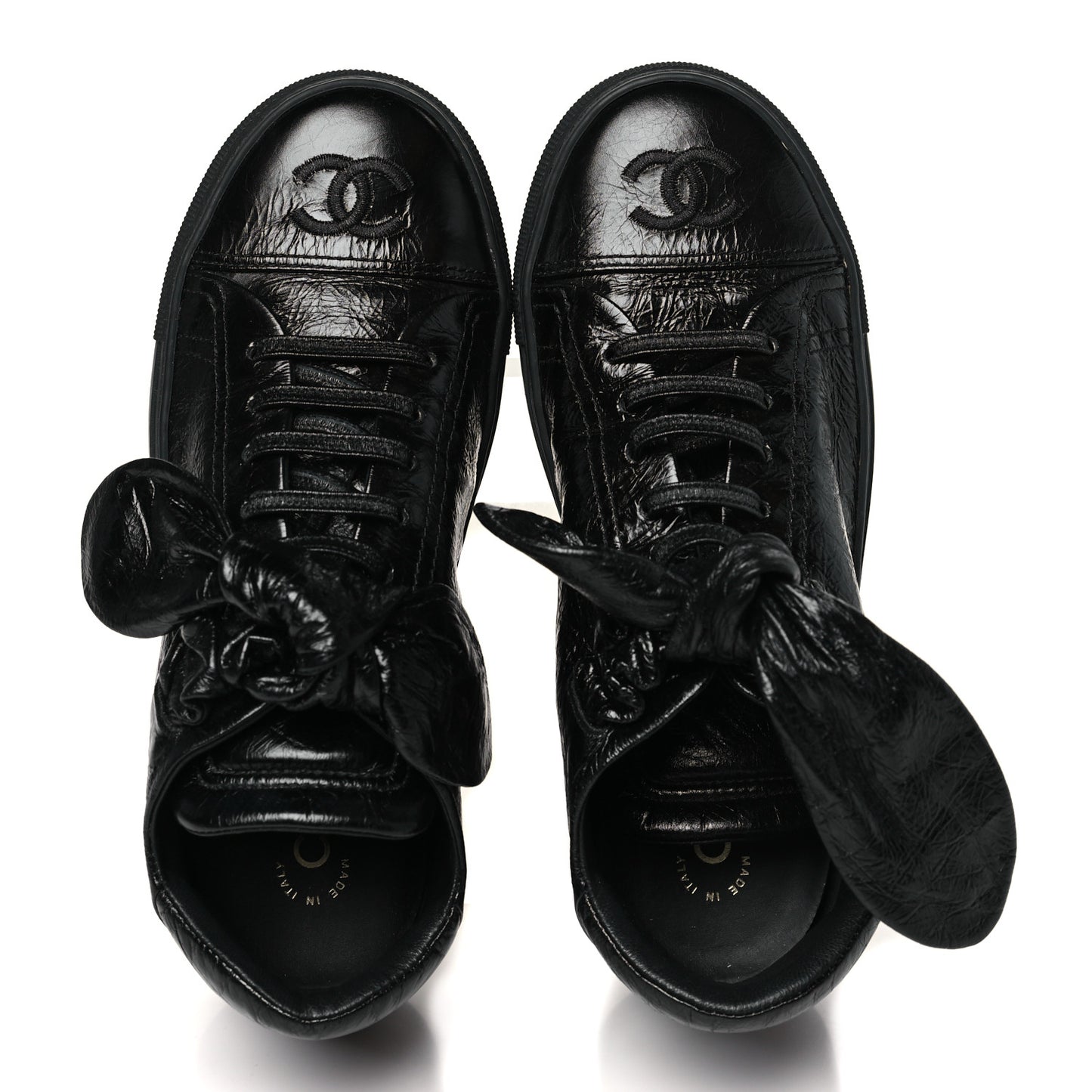 Crumpled Calfskin Womens CC Bow Sneakers 35.5 Black