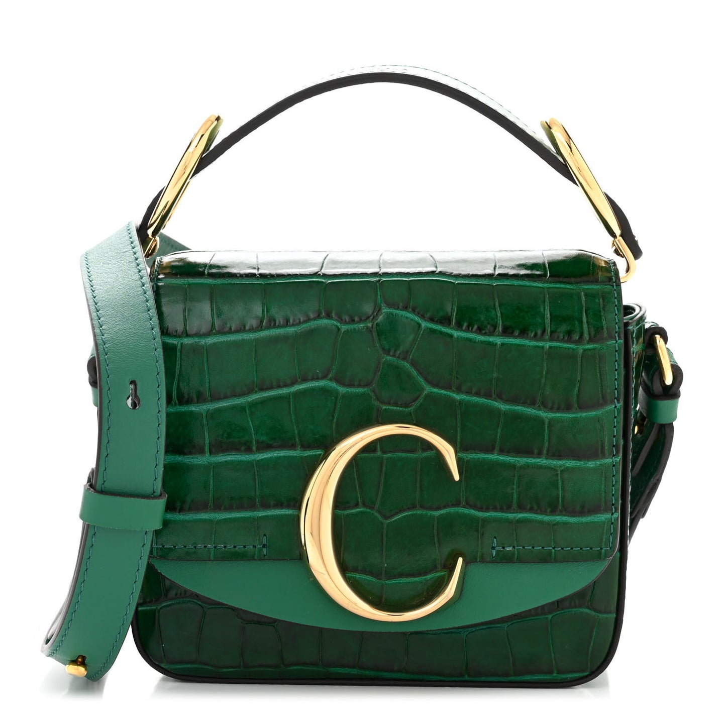 Calfskin Crocodile Embossed Mini C Double Carry Woodsy Green