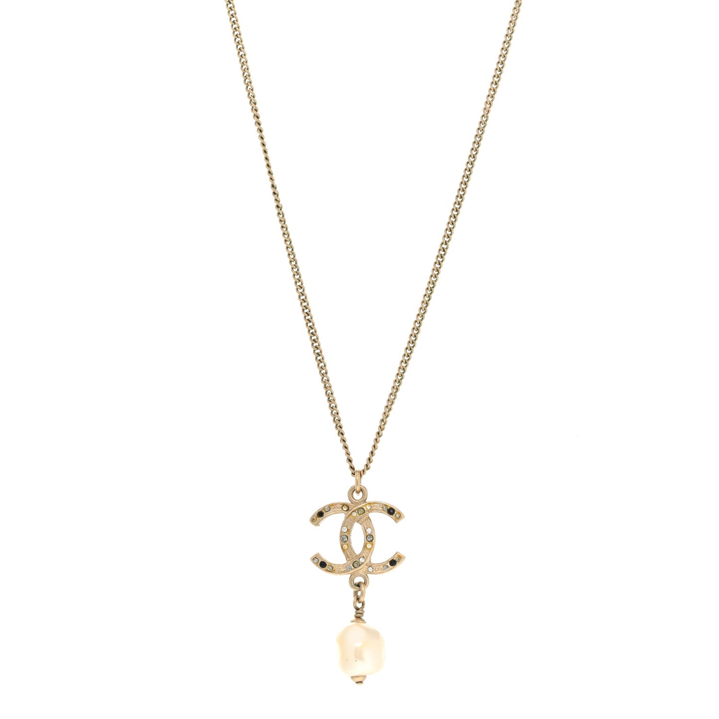 Pearl Crystal CC Pendant Necklace Gold