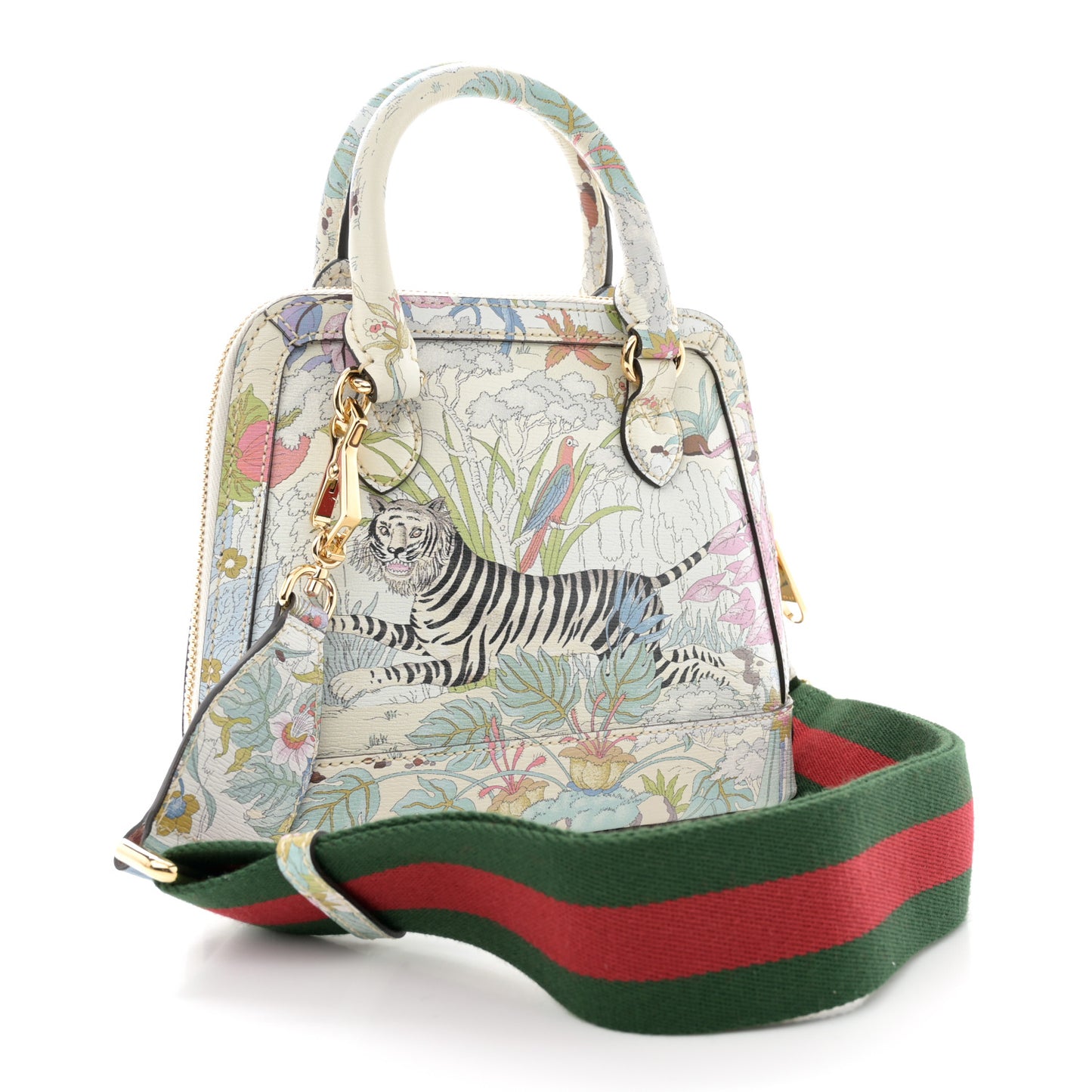 New Shangai Calfskin Tiger Savanah Web Small Horsebit 1955 Top Handle Bag Chalky White Multicolor