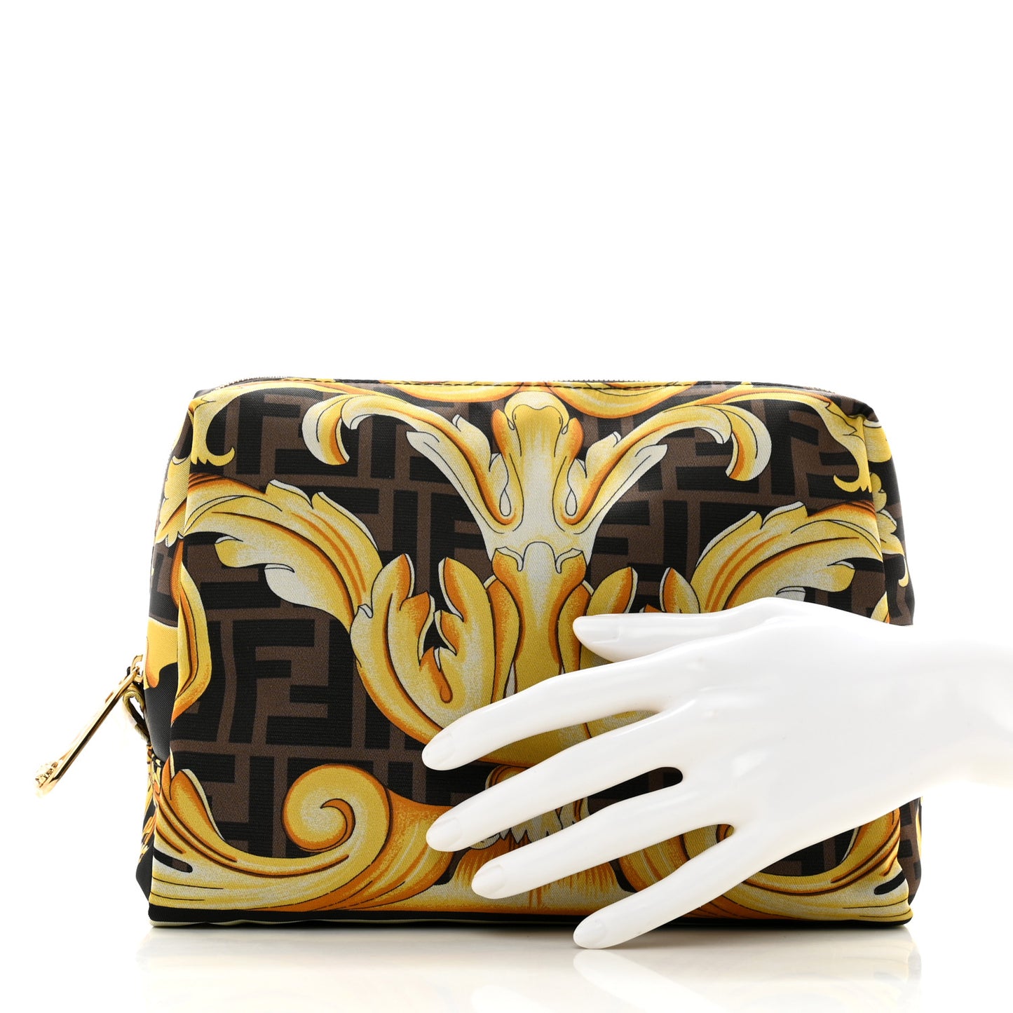 X VERSACE Nylon Fendace FF Baroque Print Medium Trapezoid Beauty Pouch Gold