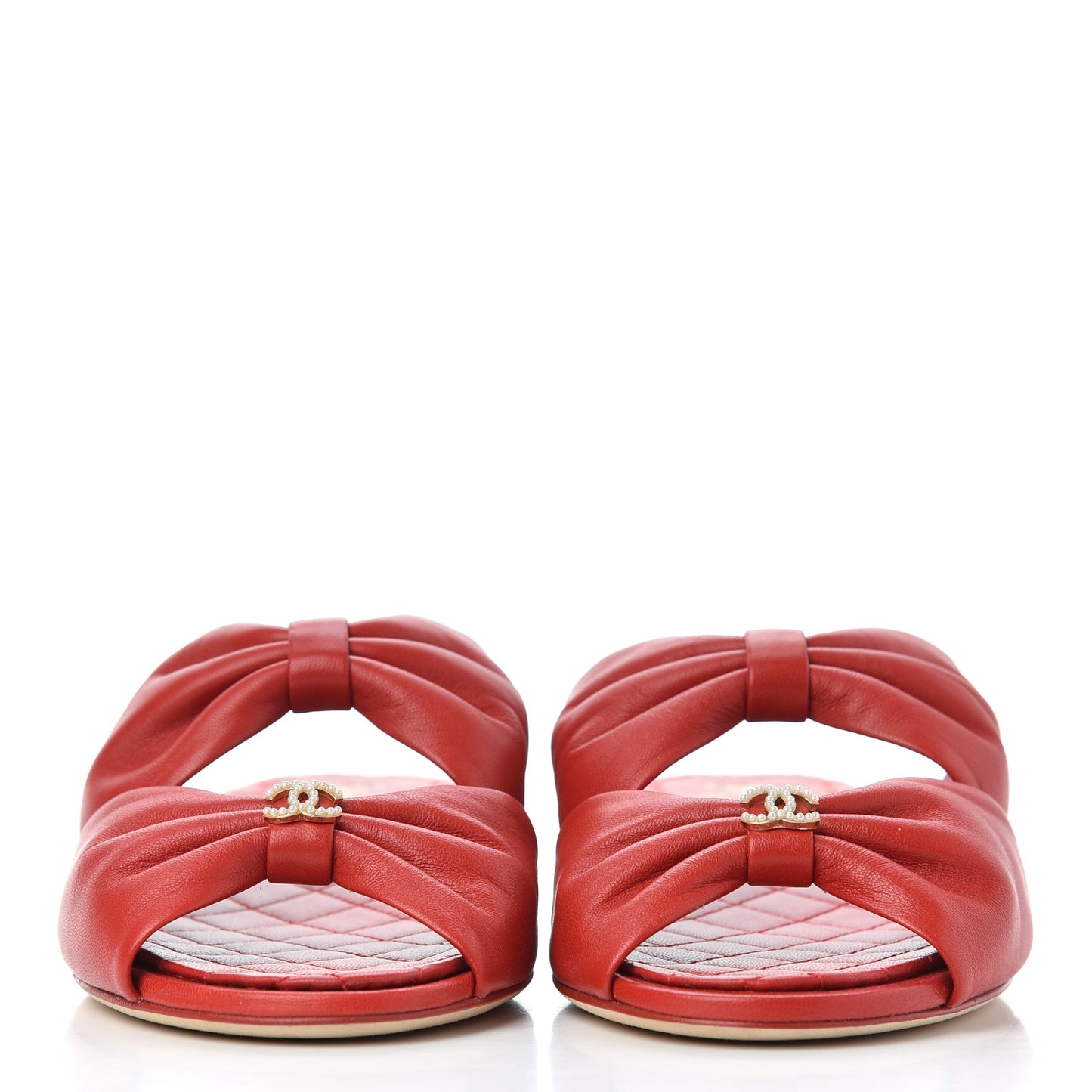 Lambskin Pearl Bow CC Flat Sandals 37 Red