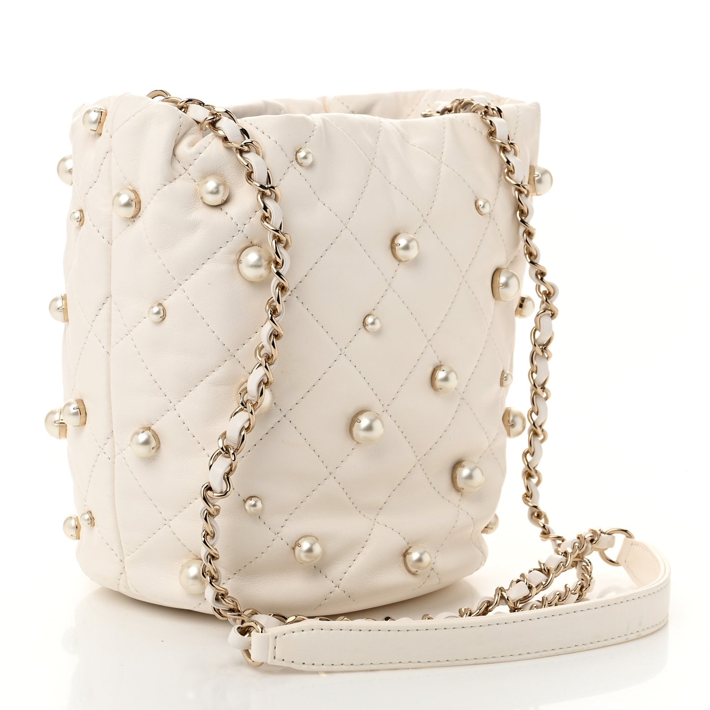 Lambskin Quilted Pearl About Pearls Drawstring Bag White