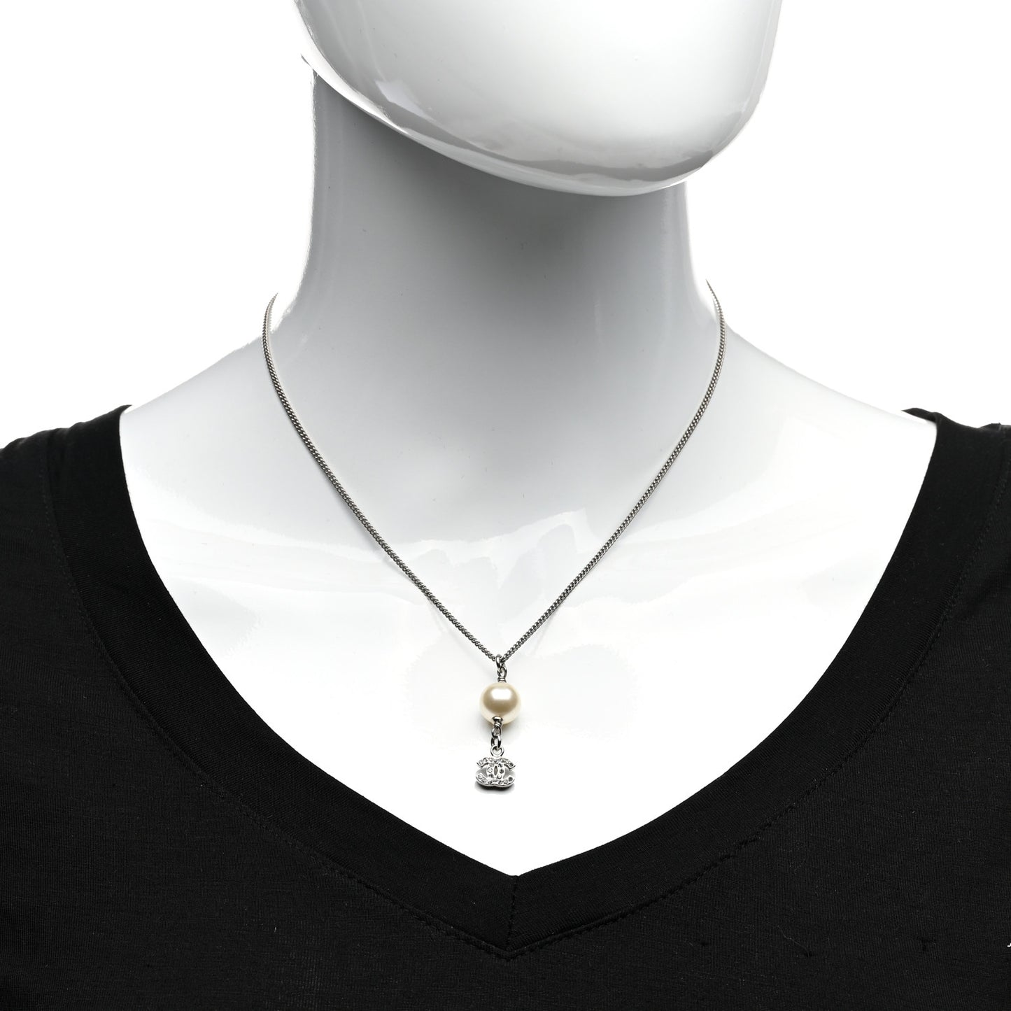 Pearl Crystal CC Drop Necklace Silver